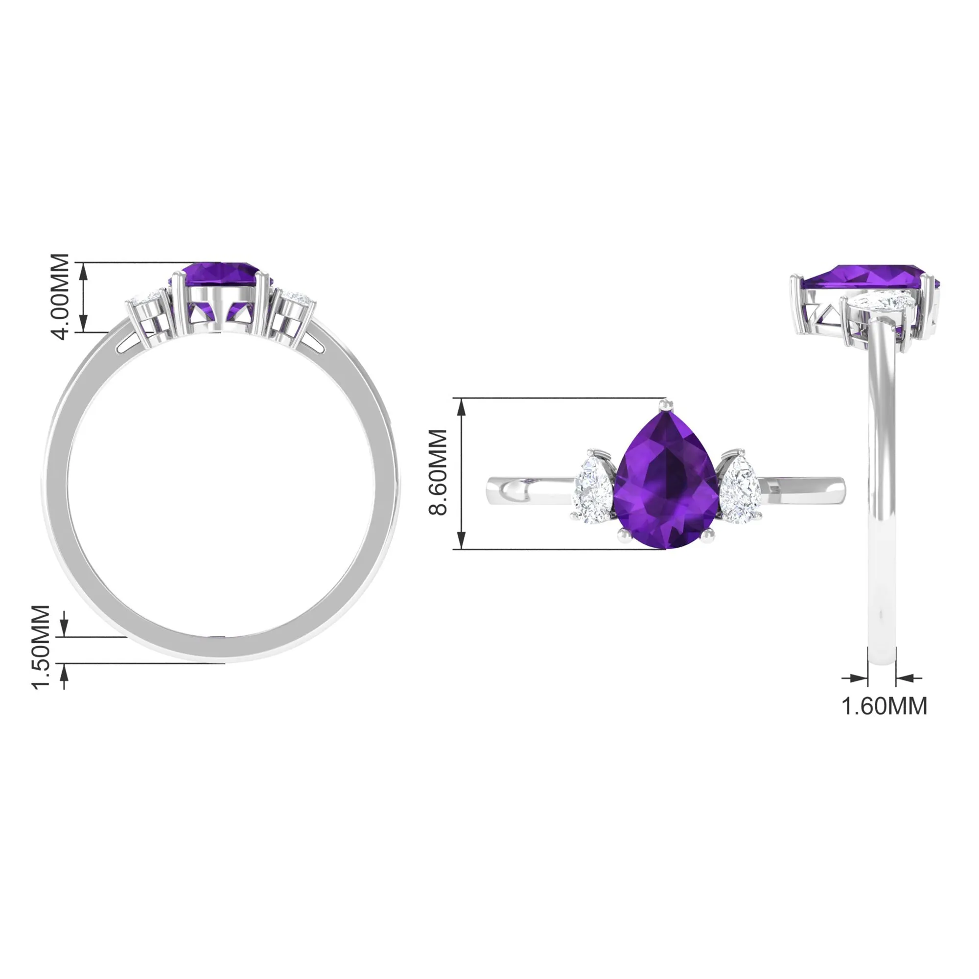 Pear Shape Amethyst Solitaire Ring with Diamond Side Stones