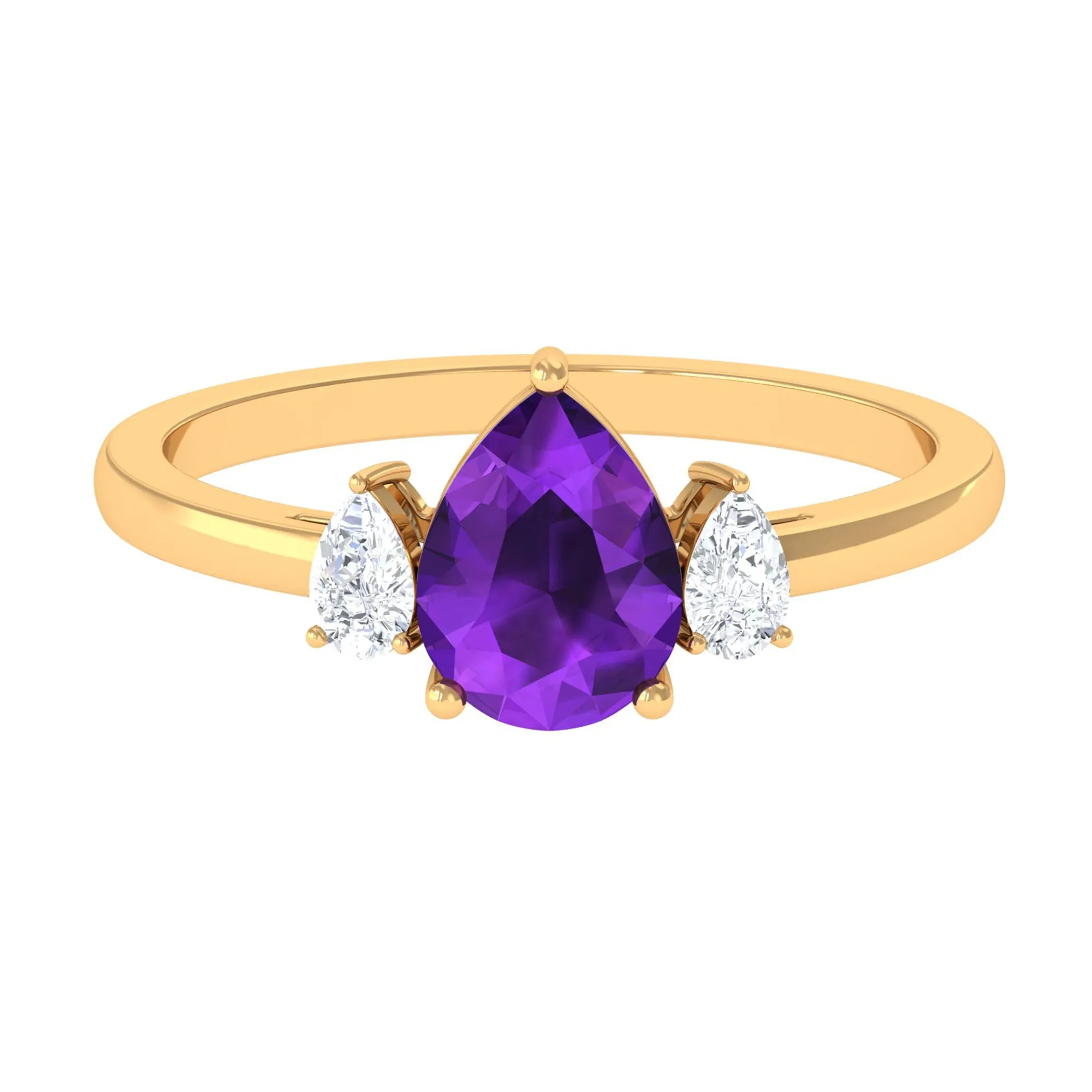 Pear Shape Amethyst Solitaire Ring with Diamond Side Stones