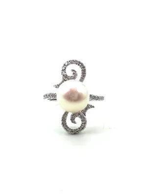 Pearl and diamond swirl ring