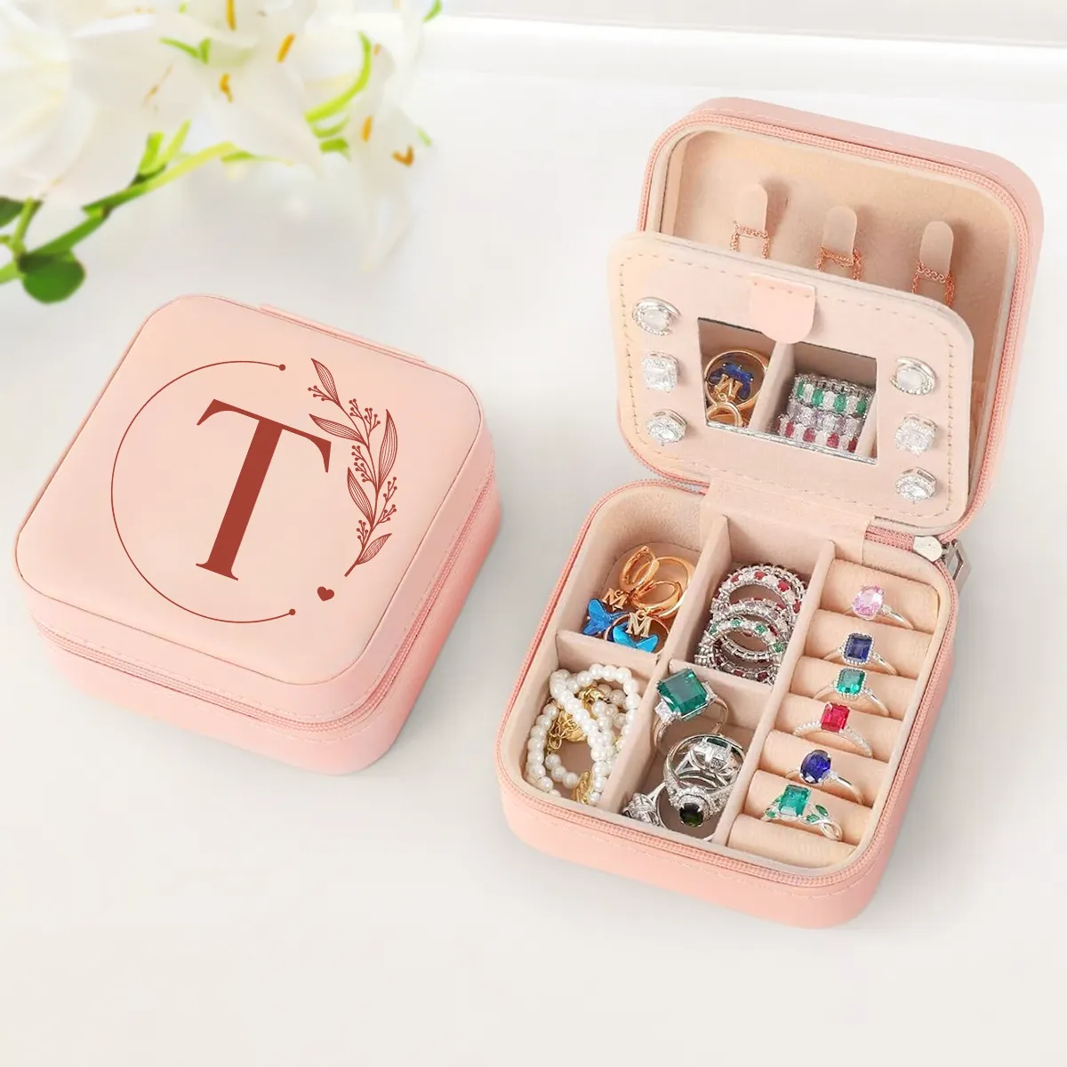 Personalized Jewelry Box, Pink Small Travel Jewelry Box with Initial T, Monogrammed Jewelry Case Organizer for Girls Women Teen, Mini Travel Essentials Gifts for Christmas Birthday