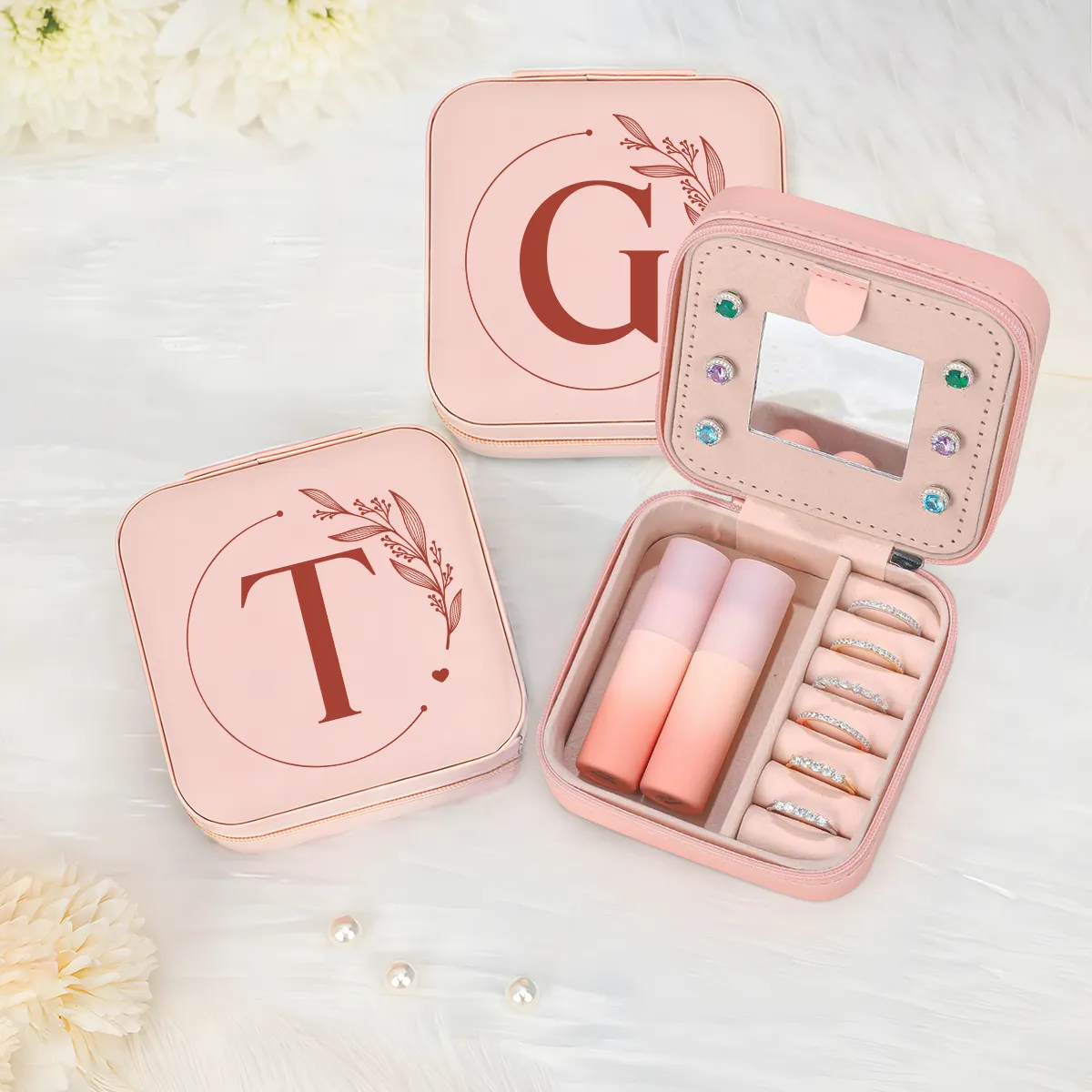 Personalized Jewelry Box, Pink Small Travel Jewelry Box with Initial T, Monogrammed Jewelry Case Organizer for Girls Women Teen, Mini Travel Essentials Gifts for Christmas Birthday
