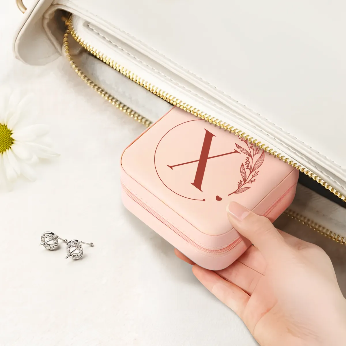 Personalized Jewelry Box, Pink Small Travel Jewelry Box with Initial X, Monogrammed Jewelry Case Organizer for Girls Women Teen, Mini Travel Essentials Gifts for Christmas Birthday