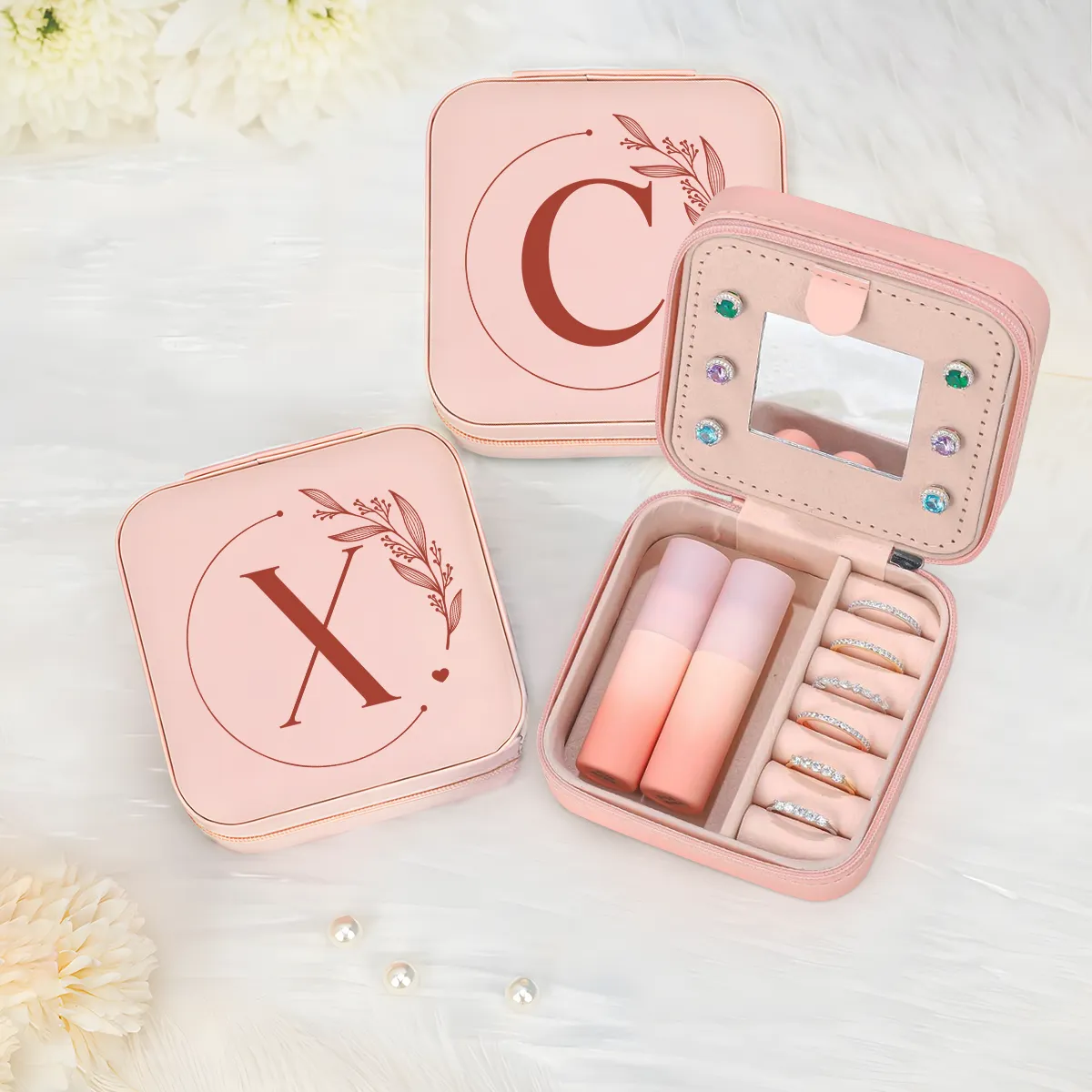 Personalized Jewelry Box, Pink Small Travel Jewelry Box with Initial X, Monogrammed Jewelry Case Organizer for Girls Women Teen, Mini Travel Essentials Gifts for Christmas Birthday