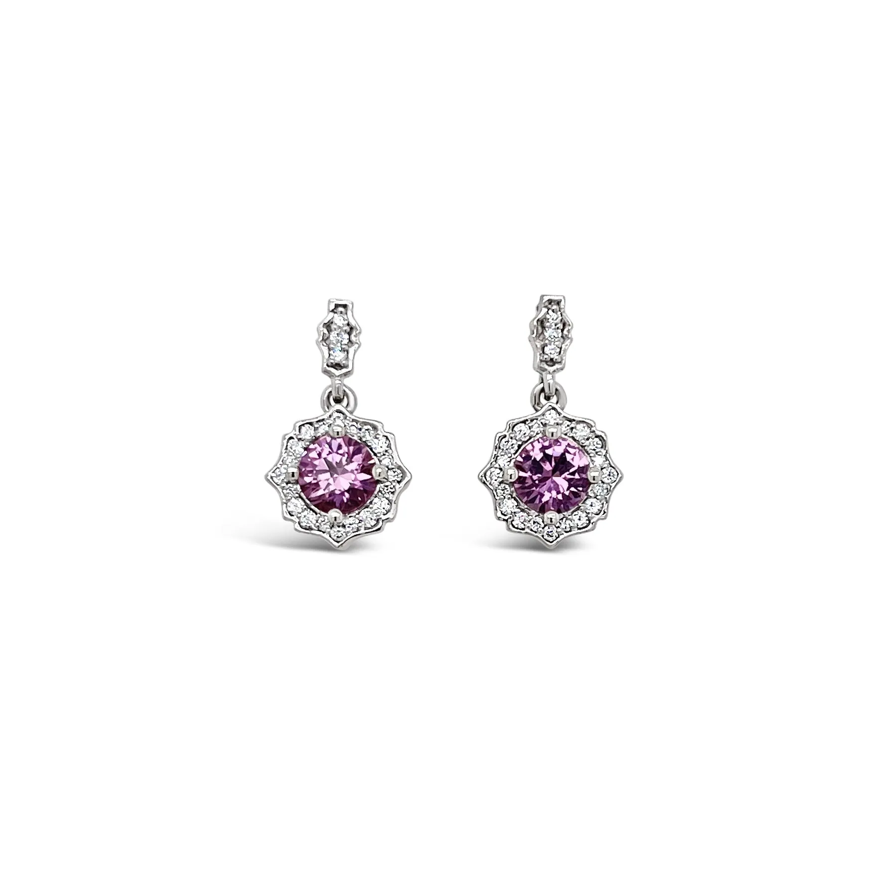 Pink Sapphire   Diamond Scalloped Halo Drop Earrings