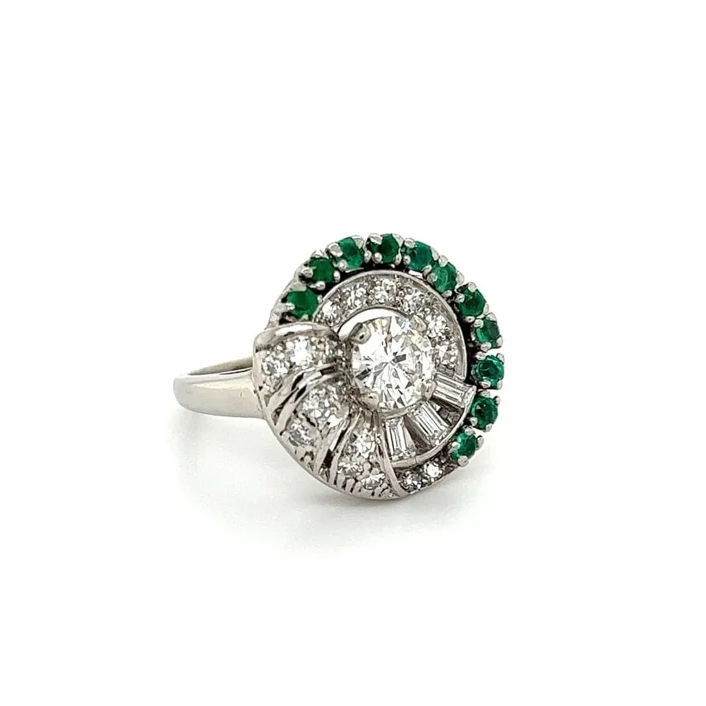 Platinum Retro Ring with Diamonds, Emeralds and baguettes Regard Jewelry Austin Texas