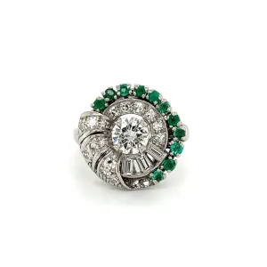 Platinum Retro Ring with Diamonds, Emeralds and baguettes Regard Jewelry Austin Texas