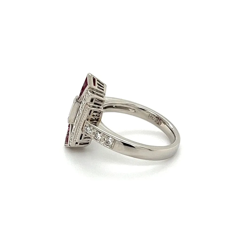 Platinum Retro Ring with Diamonds, Emeralds and baguettes Regard Jewelry Austin Texas