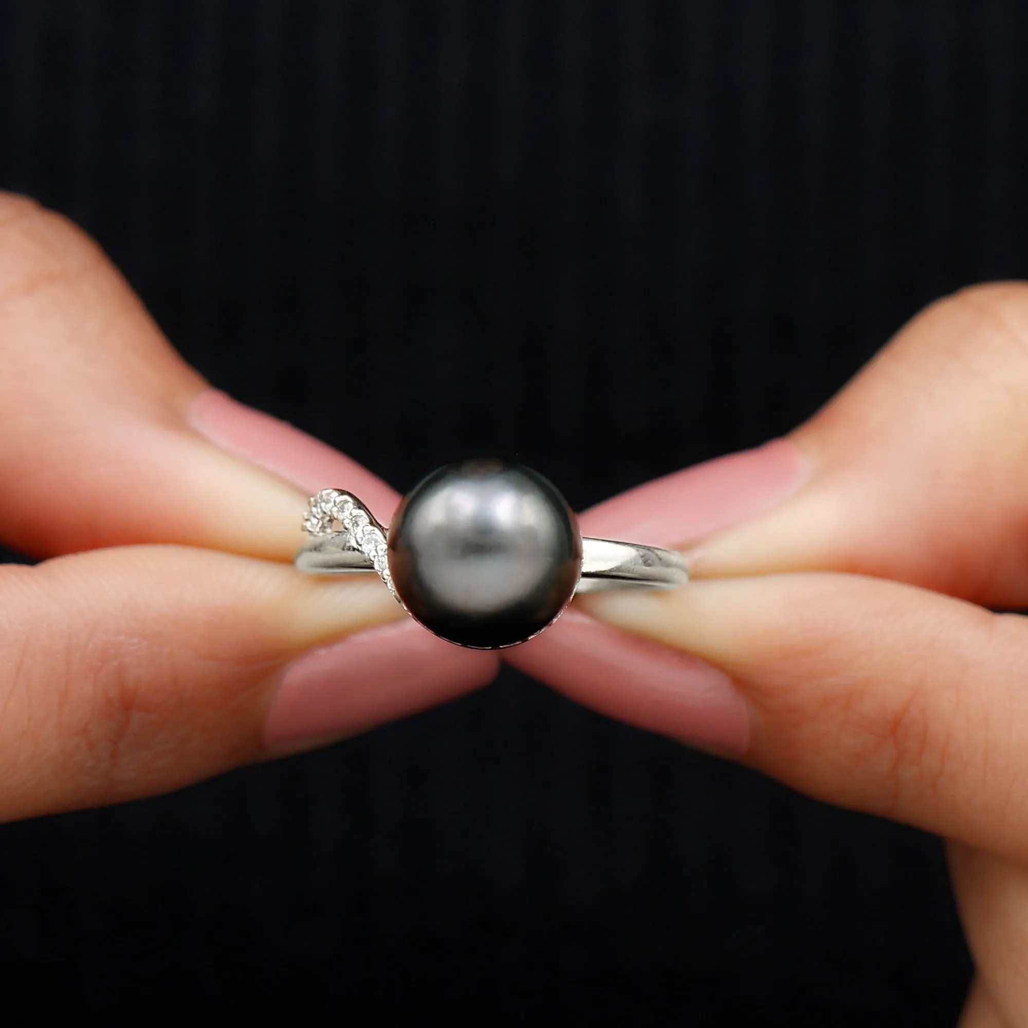 Pure Tahitian Pearl Solitaire Engagement Ring with Diamond