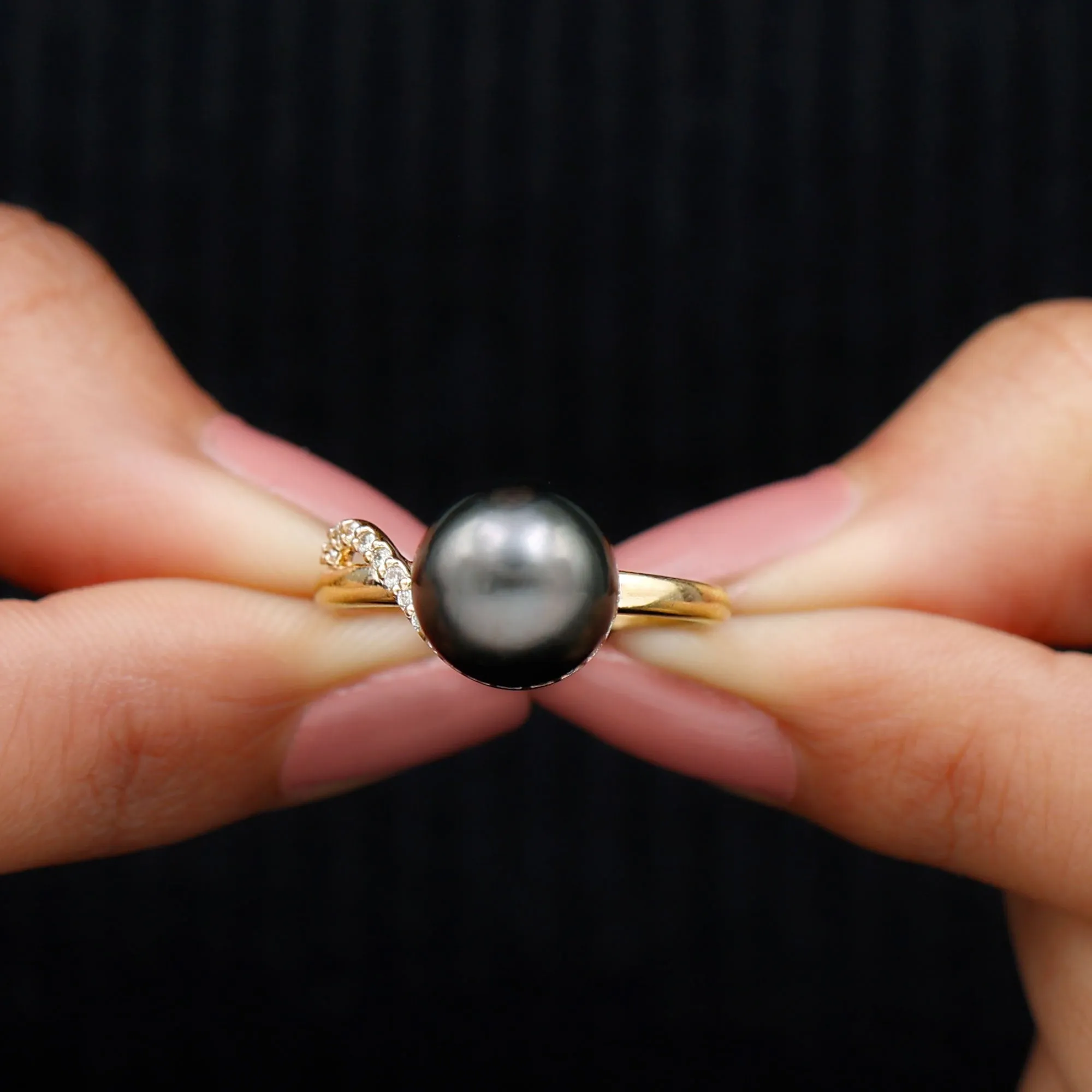 Pure Tahitian Pearl Solitaire Engagement Ring with Diamond