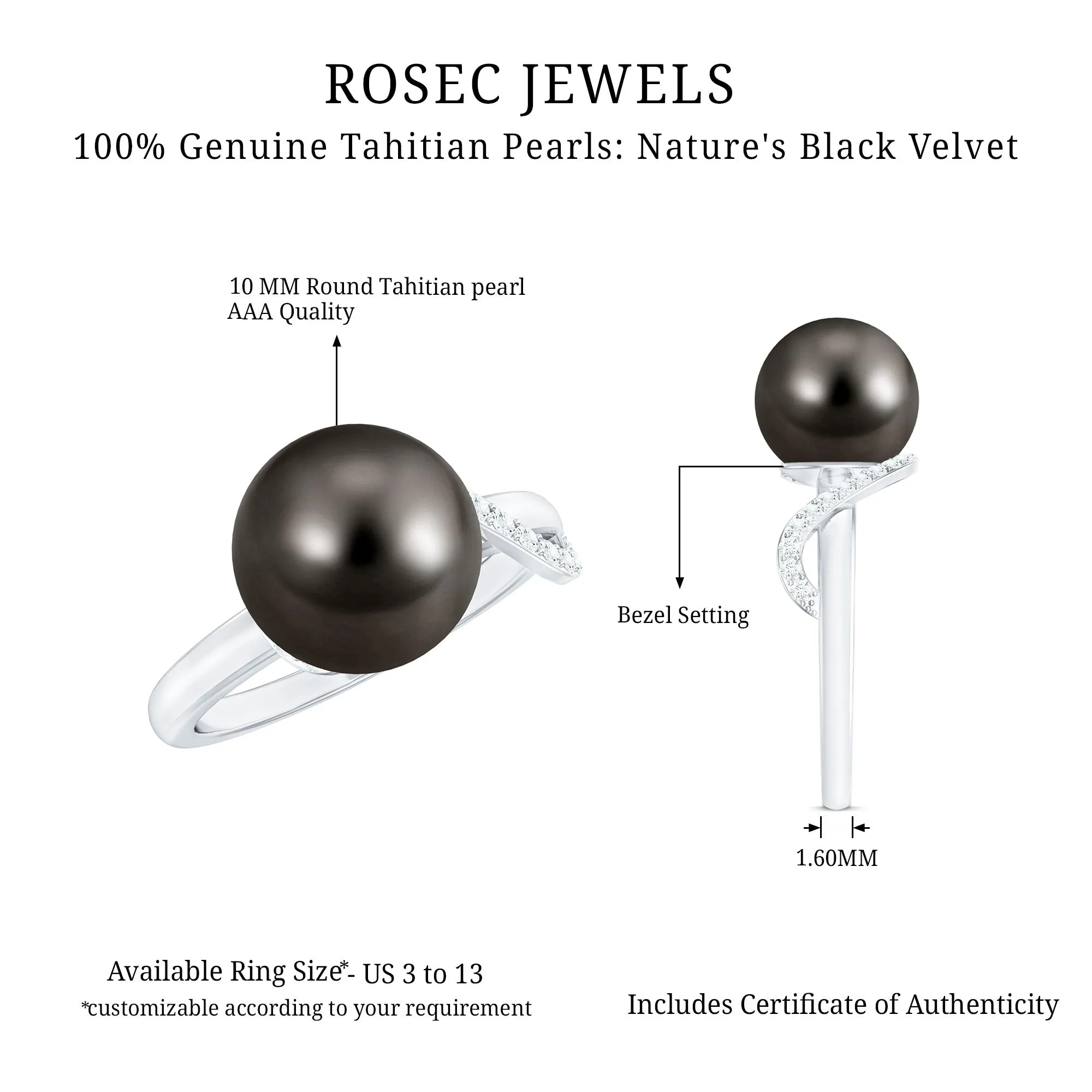 Pure Tahitian Pearl Solitaire Engagement Ring with Diamond