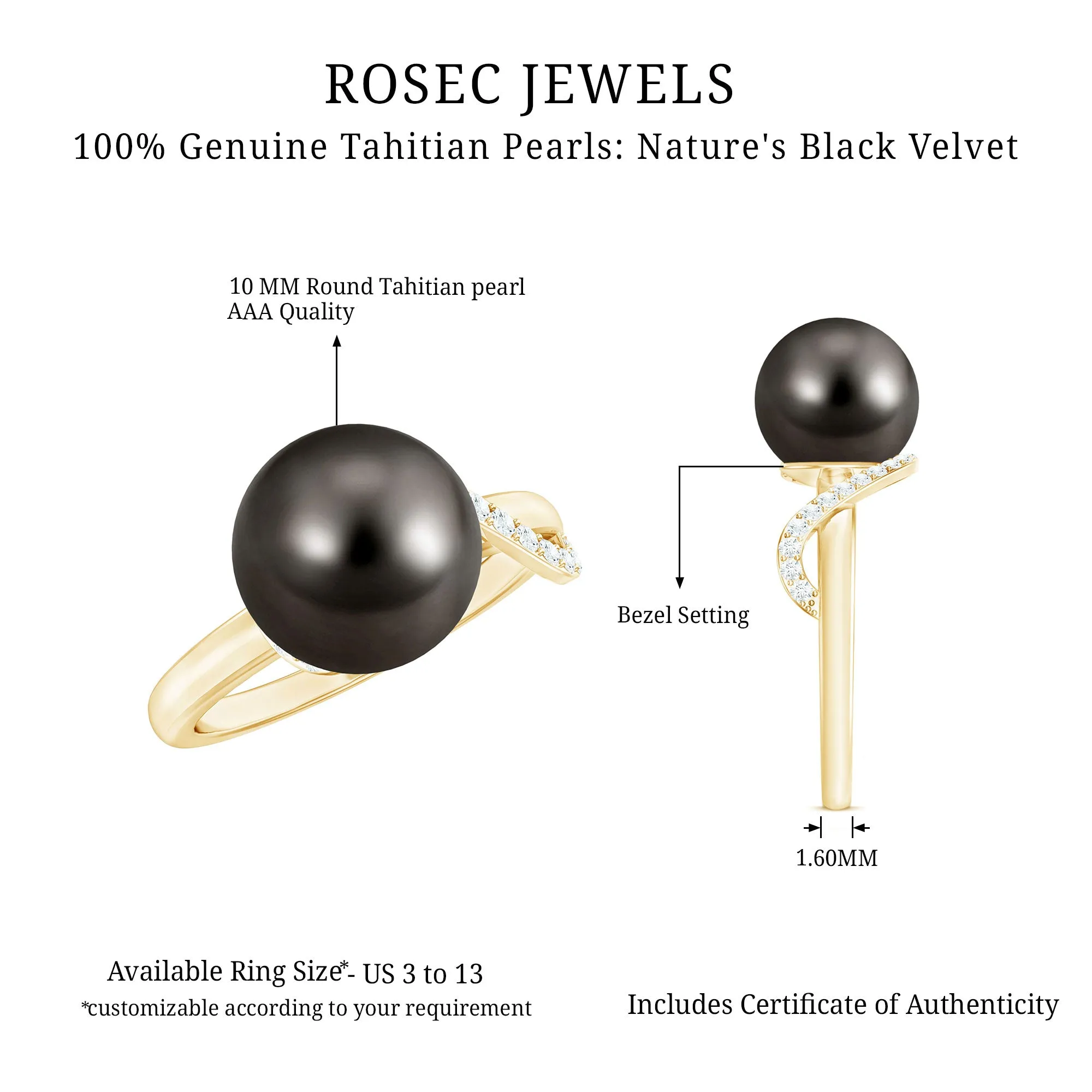 Pure Tahitian Pearl Solitaire Engagement Ring with Diamond