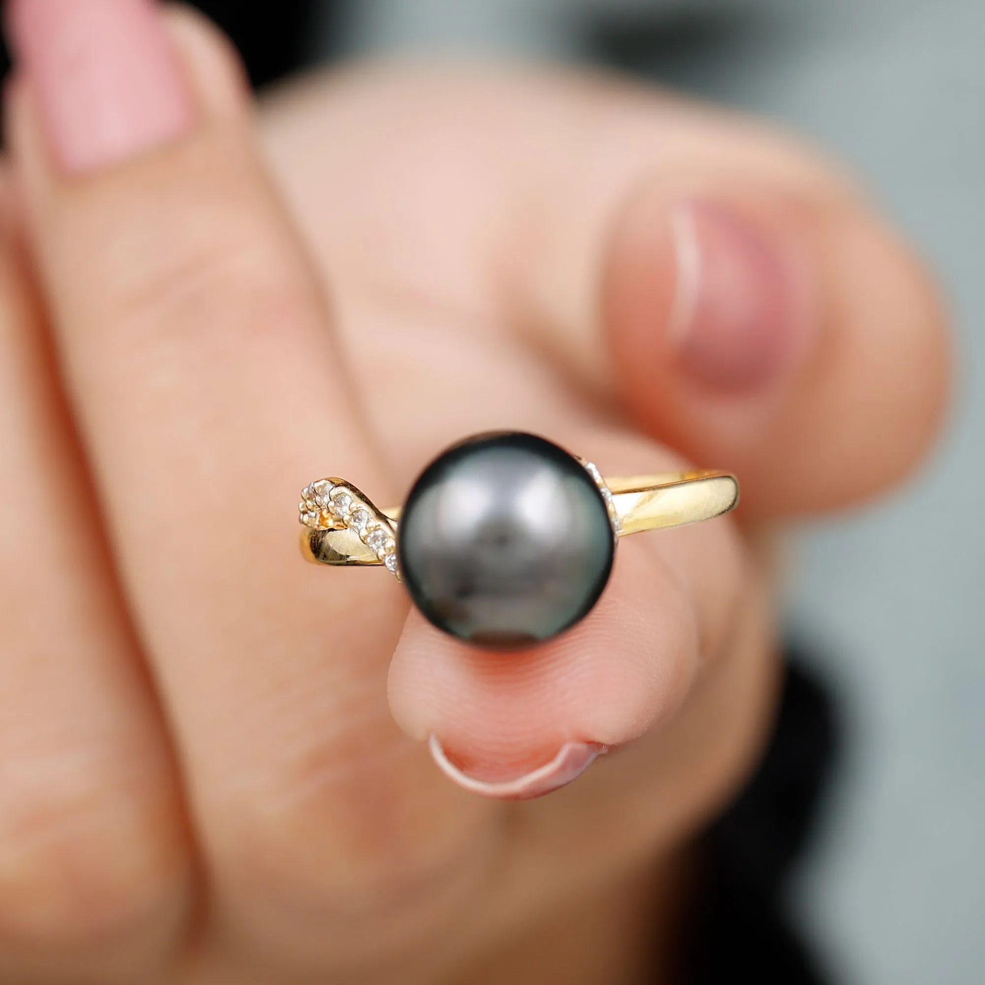 Pure Tahitian Pearl Solitaire Engagement Ring with Diamond