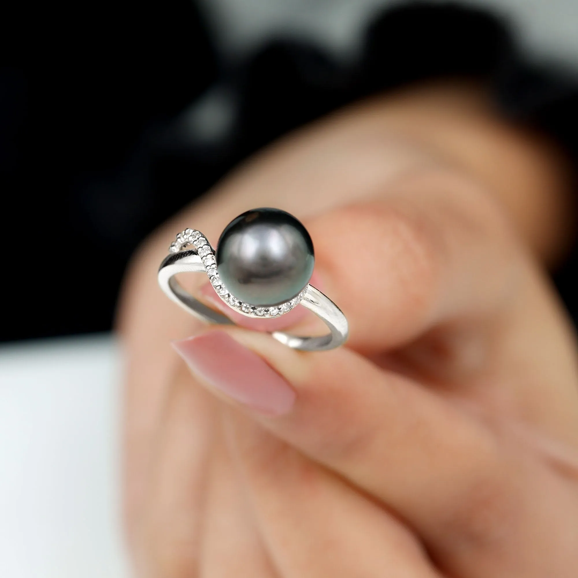 Pure Tahitian Pearl Solitaire Engagement Ring with Diamond