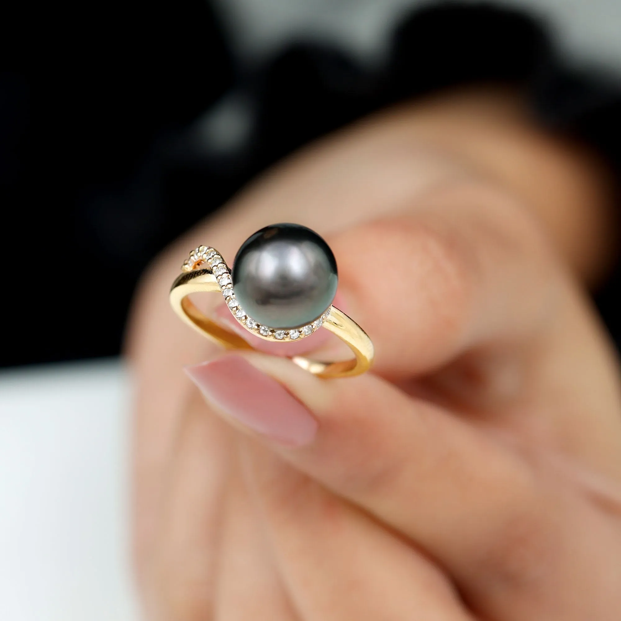 Pure Tahitian Pearl Solitaire Engagement Ring with Diamond