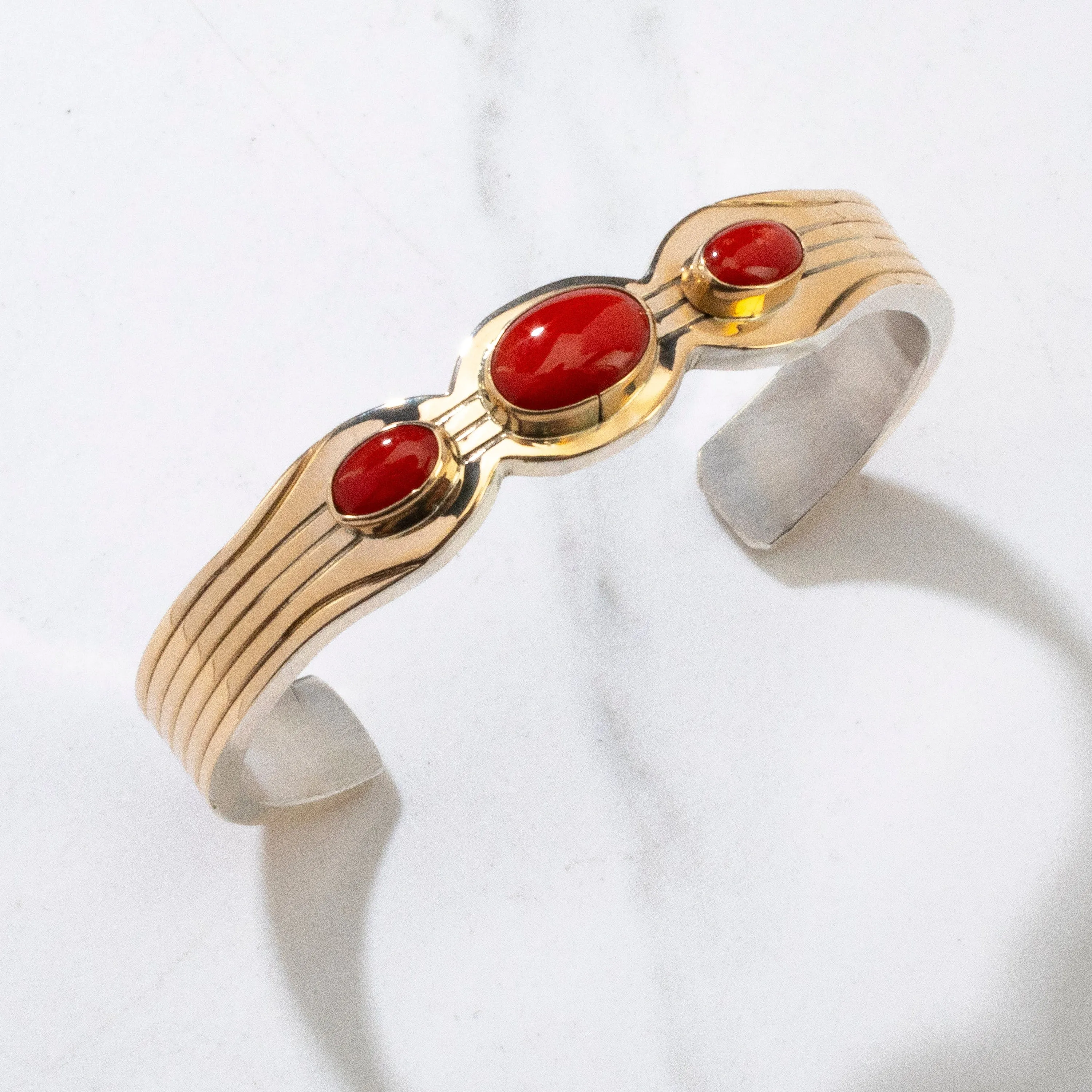 Ray Bennett Coral & 14K Gold Navajo USA Native American Made 925 Sterling Silver Cuff