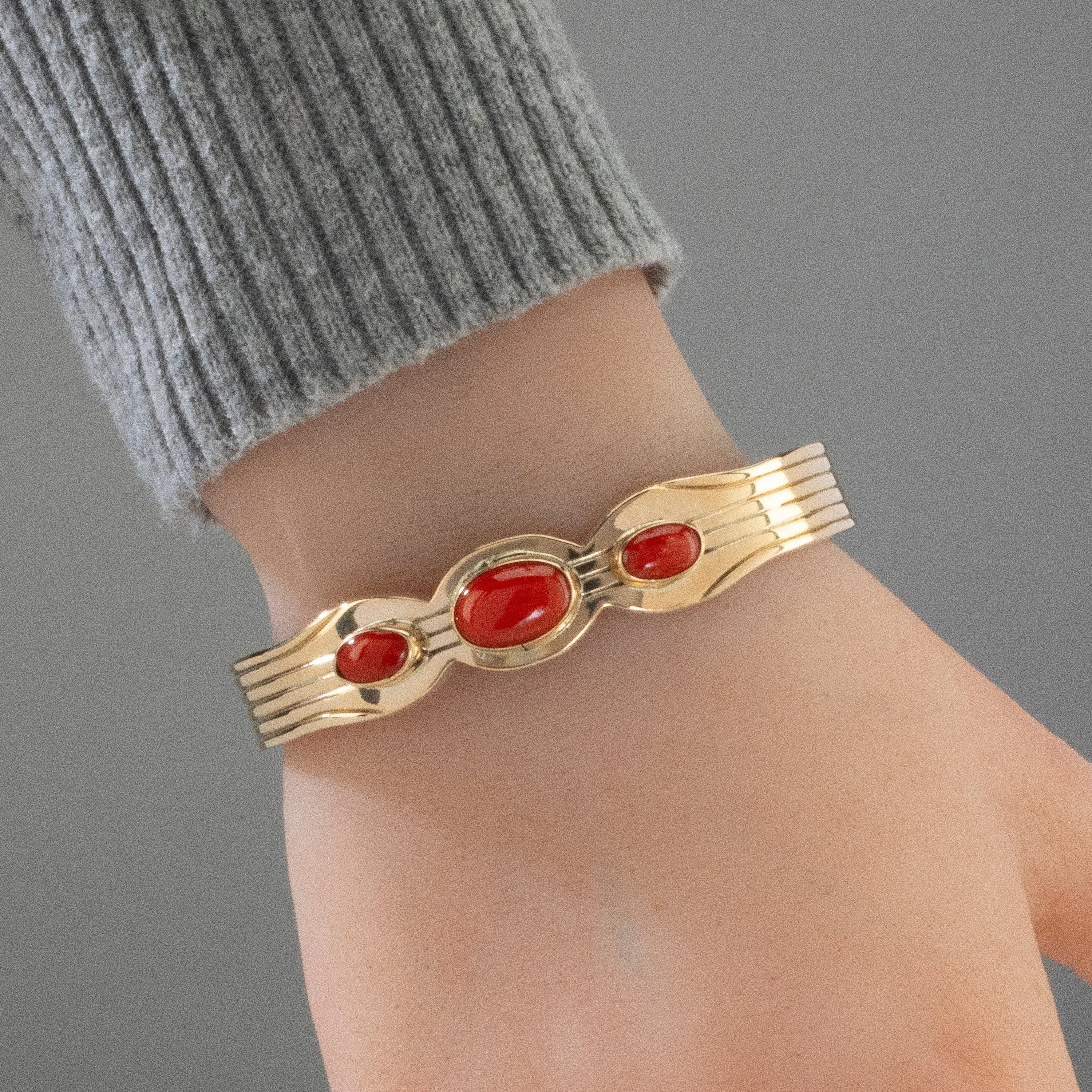 Ray Bennett Coral & 14K Gold Navajo USA Native American Made 925 Sterling Silver Cuff