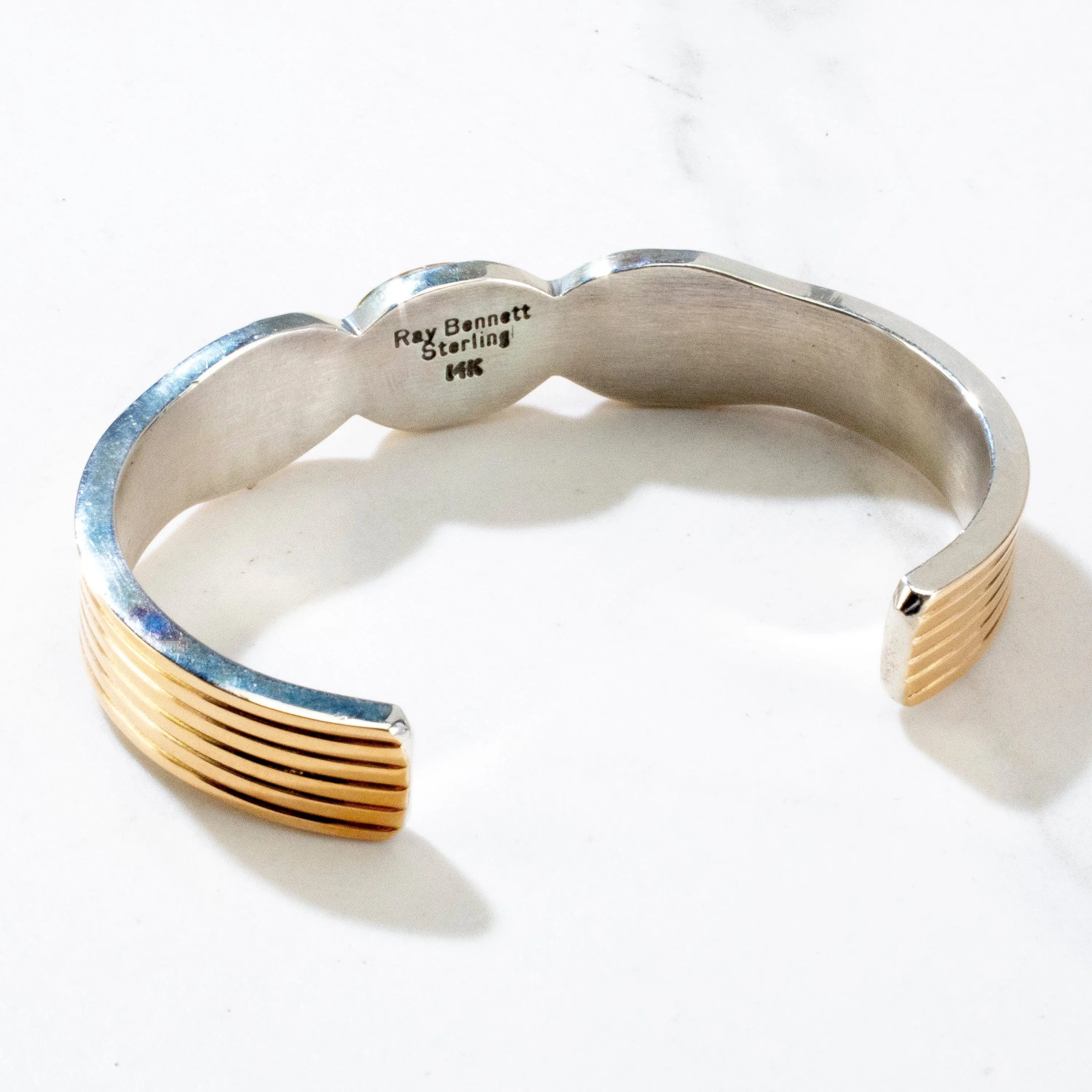 Ray Bennett Coral & 14K Gold Navajo USA Native American Made 925 Sterling Silver Cuff
