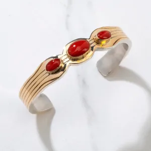 Ray Bennett Coral & 14K Gold Navajo USA Native American Made 925 Sterling Silver Cuff