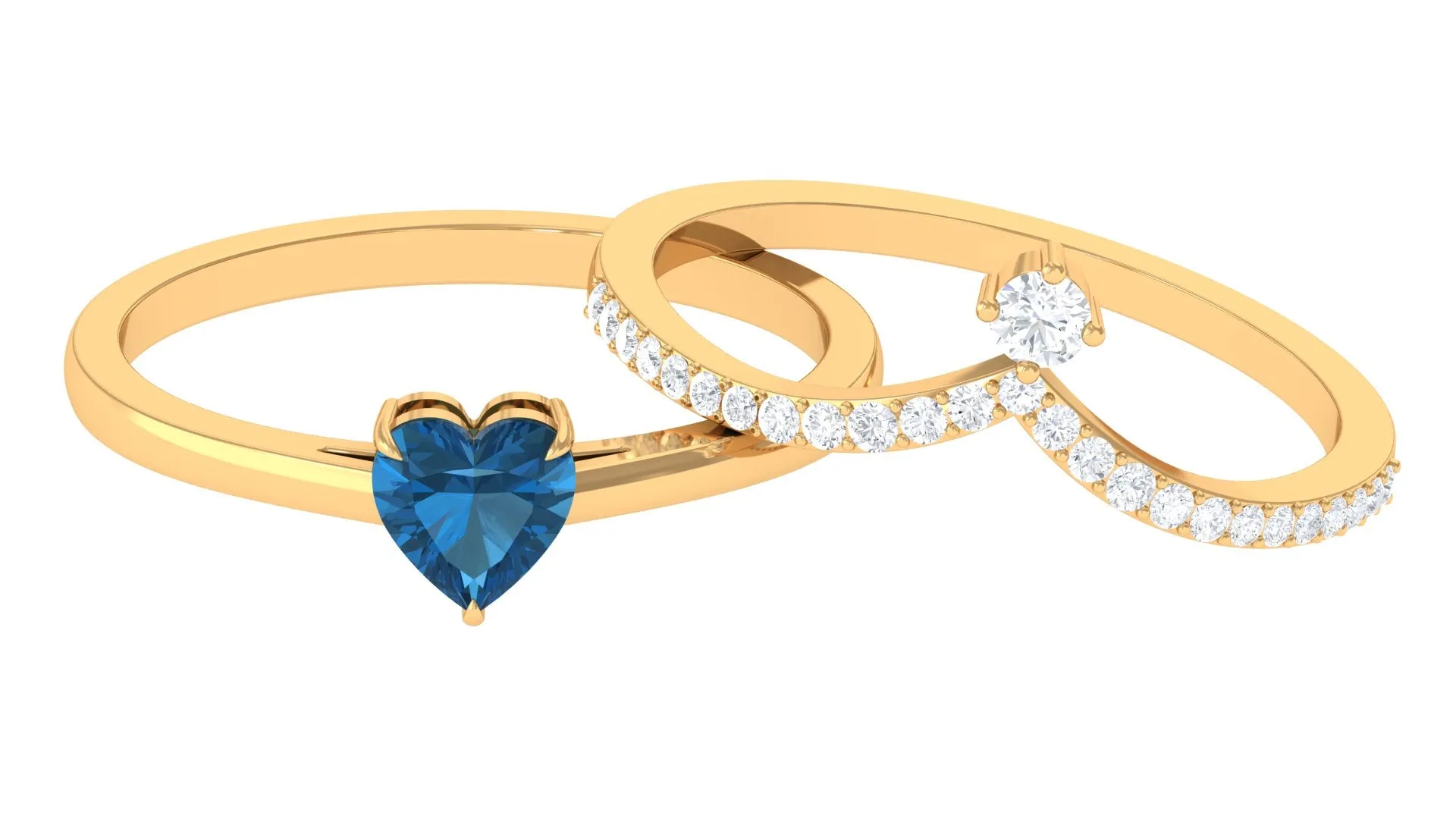 Real London Blue Topaz Heart Ring Set with Diamond