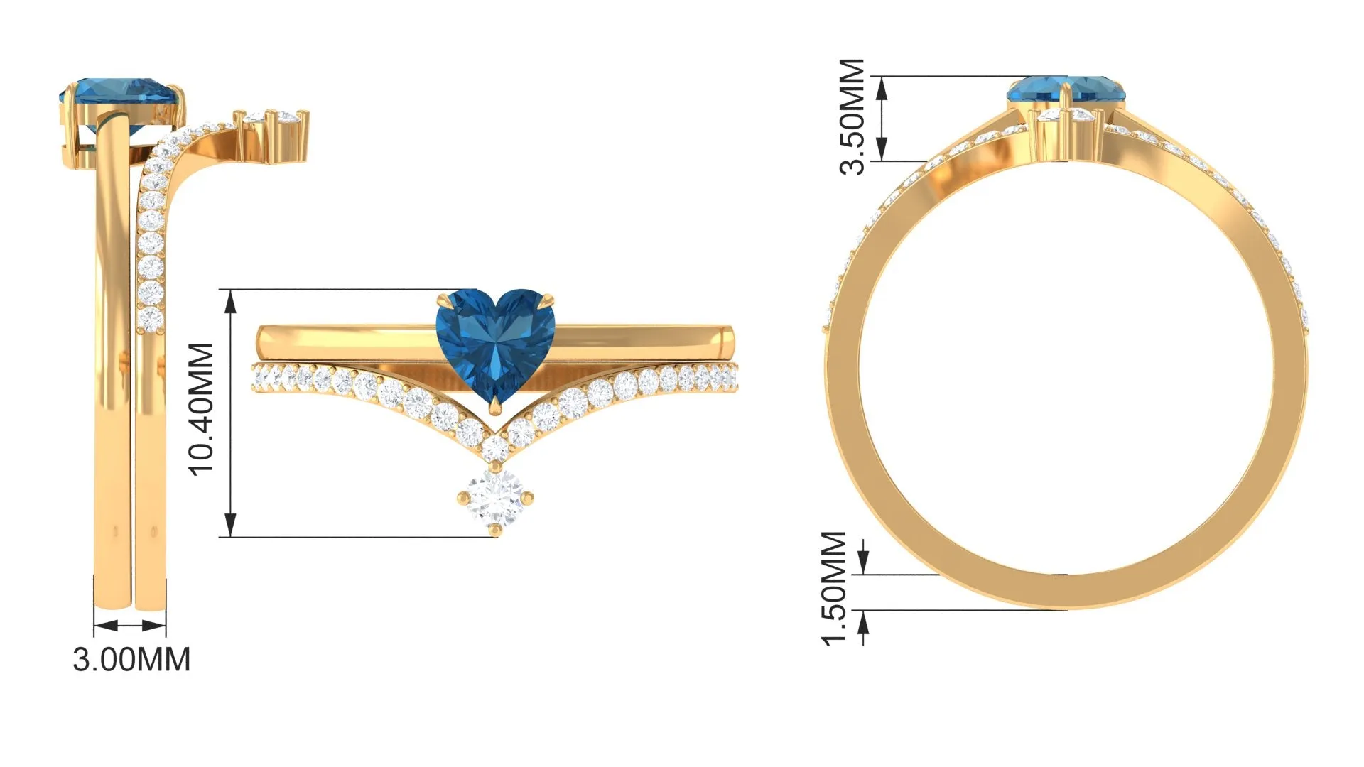 Real London Blue Topaz Heart Ring Set with Diamond