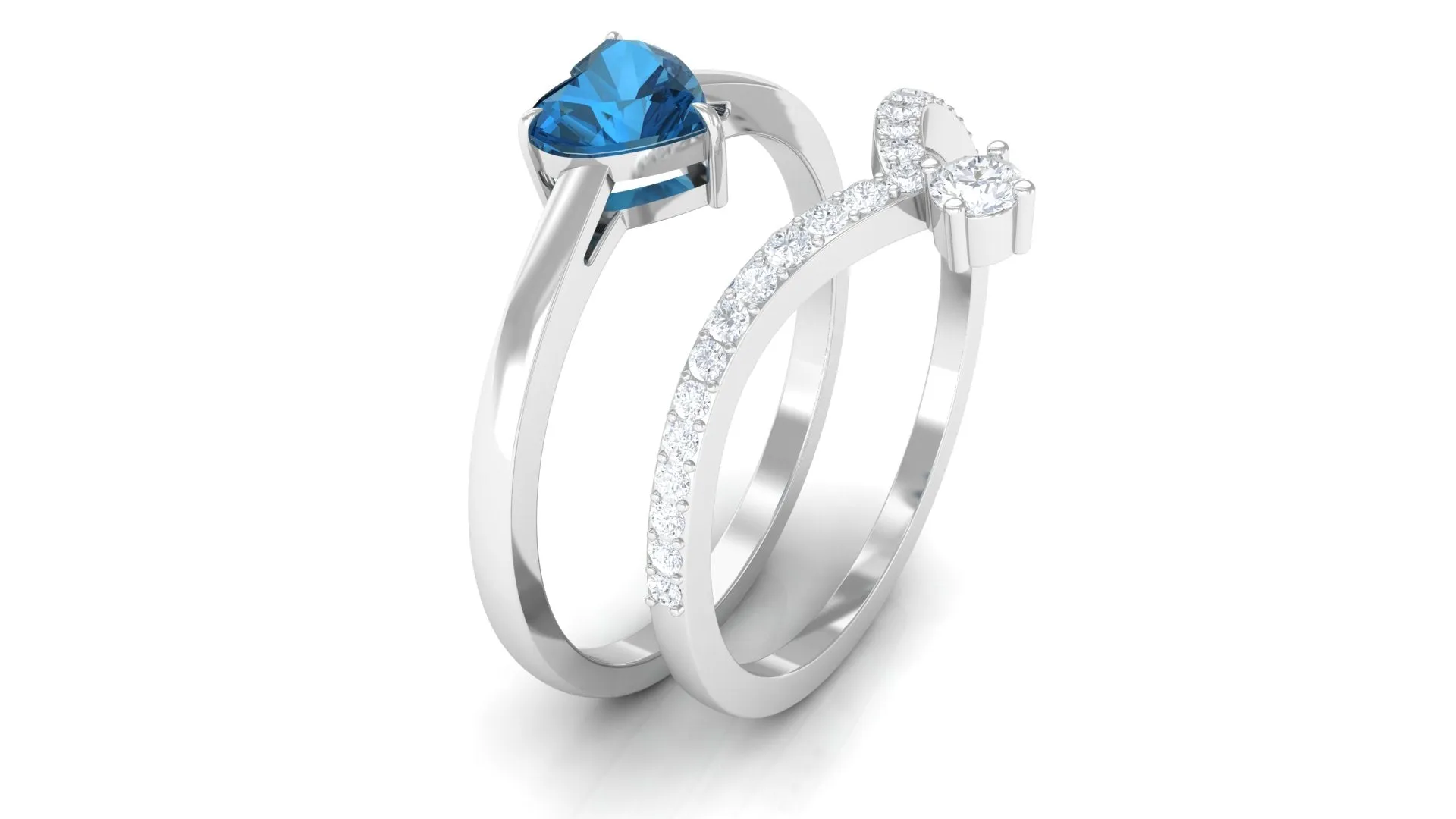 Real London Blue Topaz Heart Ring Set with Diamond