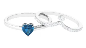 Real London Blue Topaz Heart Ring Set with Diamond