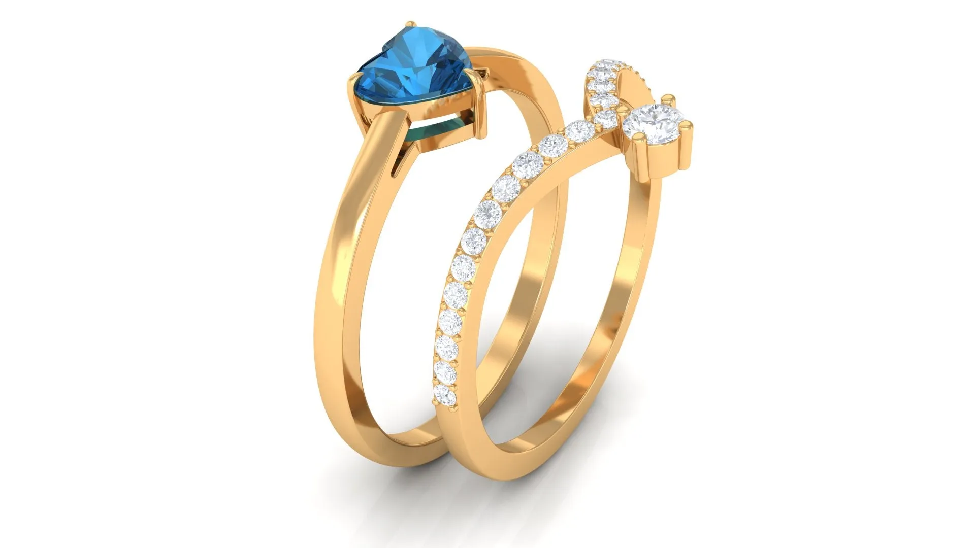 Real London Blue Topaz Heart Ring Set with Diamond