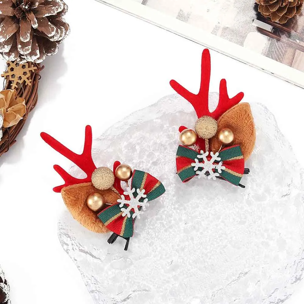 Red Velvet Reindeer Hair Clip - Christmas Snowflake Ribbon Hairpin