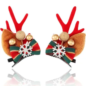 Red Velvet Reindeer Hair Clip - Christmas Snowflake Ribbon Hairpin