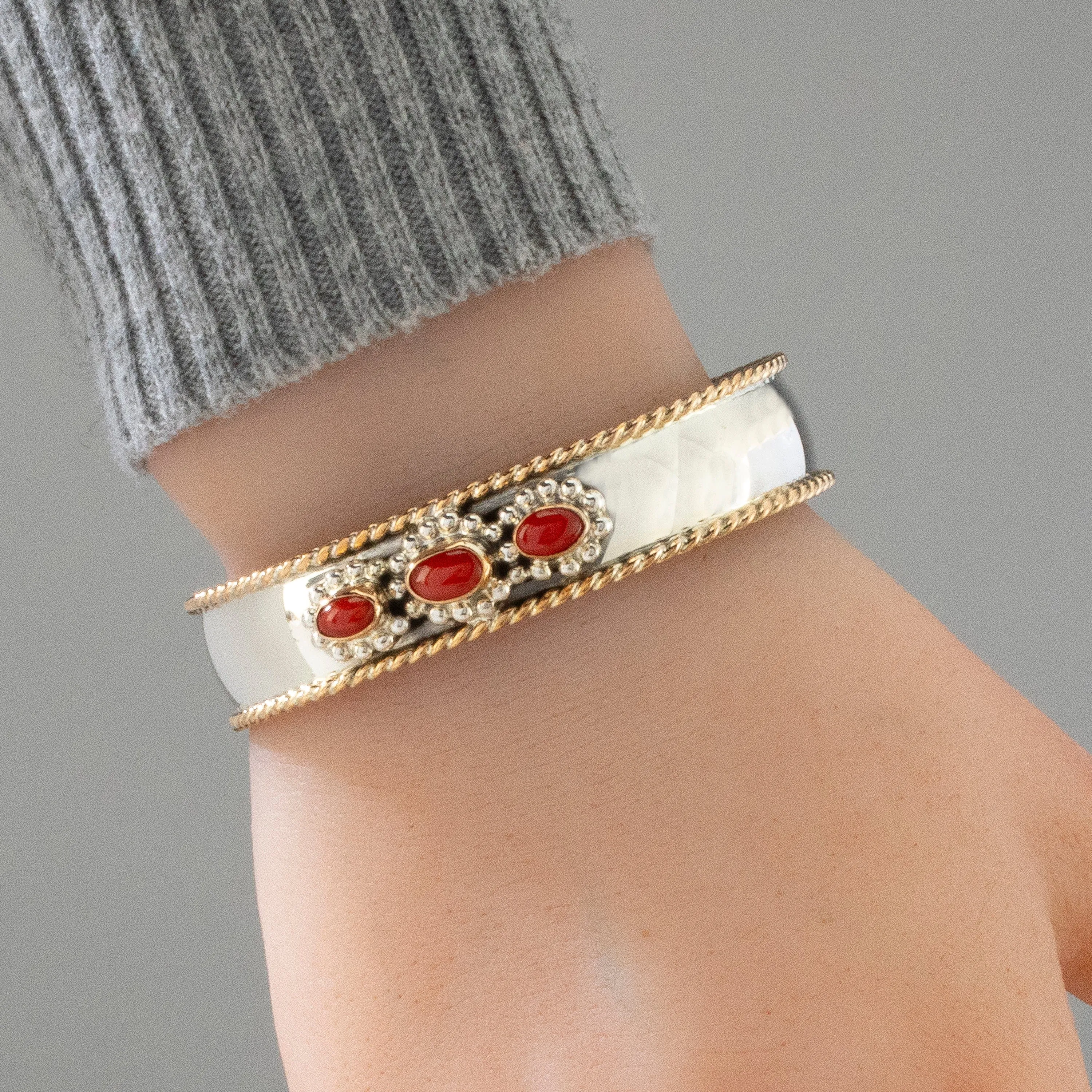 Richard Long Sr. Coral Navajo USA Native American Made 12K Gold Filled & 925 Sterling Silver Cuff