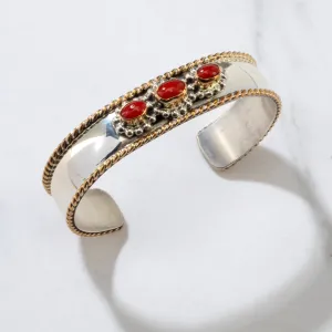 Richard Long Sr. Coral Navajo USA Native American Made 12K Gold Filled & 925 Sterling Silver Cuff