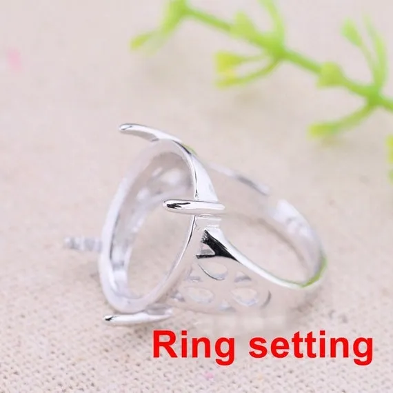 Ring Setting Blank Bezel 14x18mm 1pc 3.4g 925 Sterling Silver Adjustable for 1 Oval Shape Cabochon Cameo 4 Prongs Wholesale Available