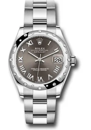 Rolex Steel and White Gold Datejust 31 Watch - Domed 24 Diamond Bezel - Dark Grey Roman Dial - Oyster Bracelet 278344RBR dkgro