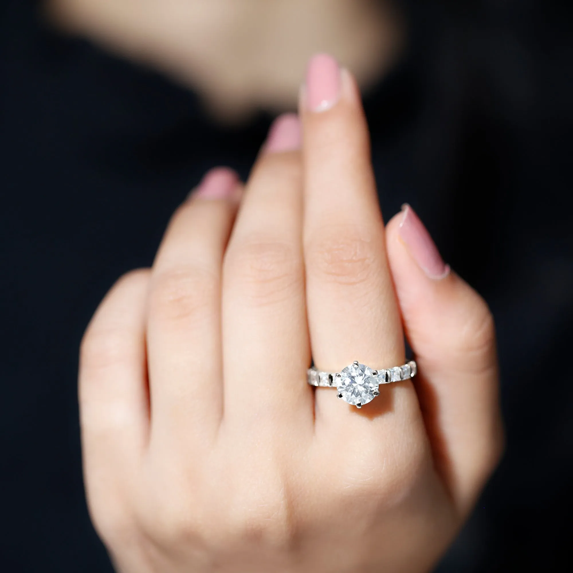 Round Moissanite Solitaire Engagement Ring with Princess Cut Side Stones