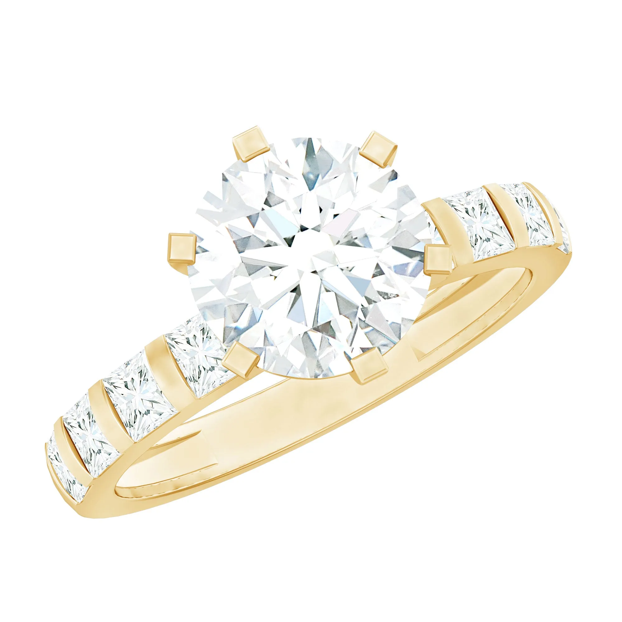 Round Moissanite Solitaire Engagement Ring with Princess Cut Side Stones