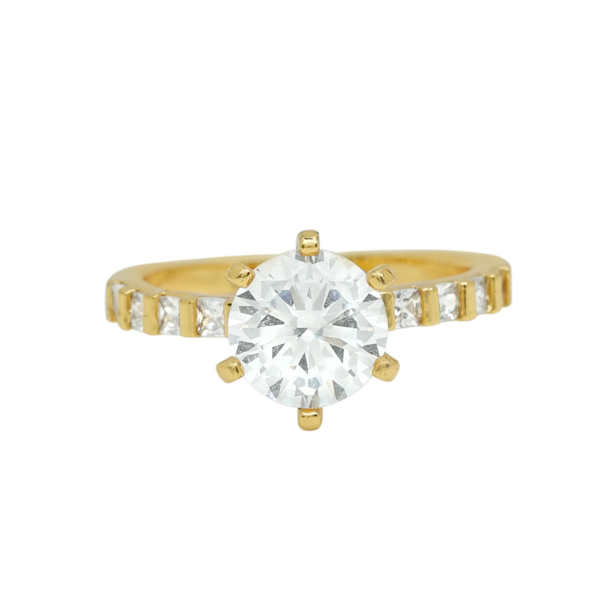 Round Moissanite Solitaire Engagement Ring with Princess Cut Side Stones