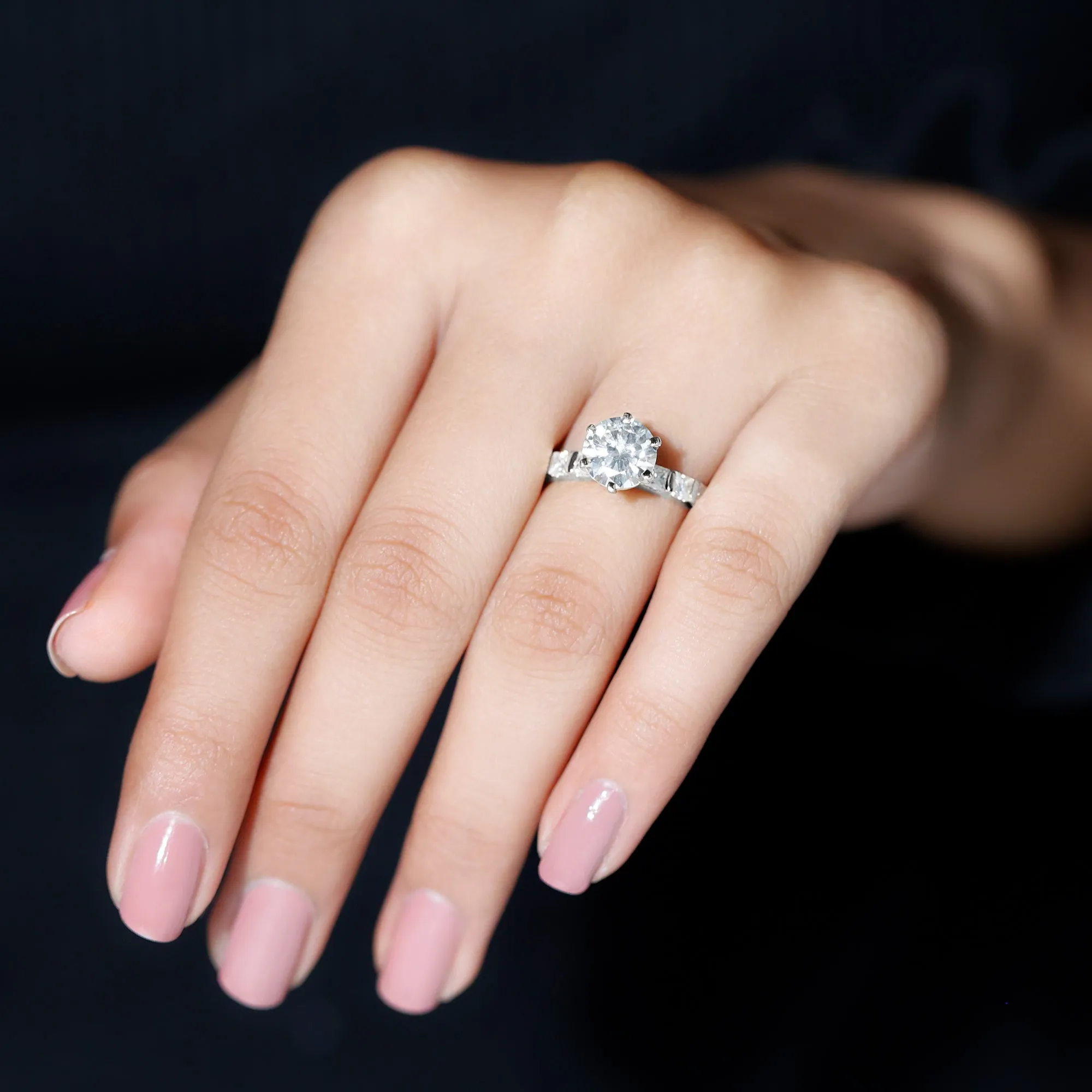 Round Moissanite Solitaire Engagement Ring with Princess Cut Side Stones