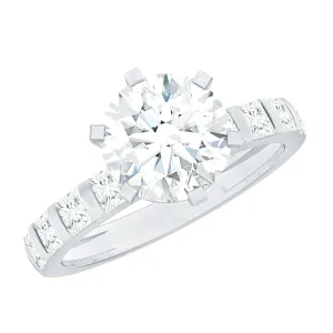 Round Moissanite Solitaire Engagement Ring with Princess Cut Side Stones