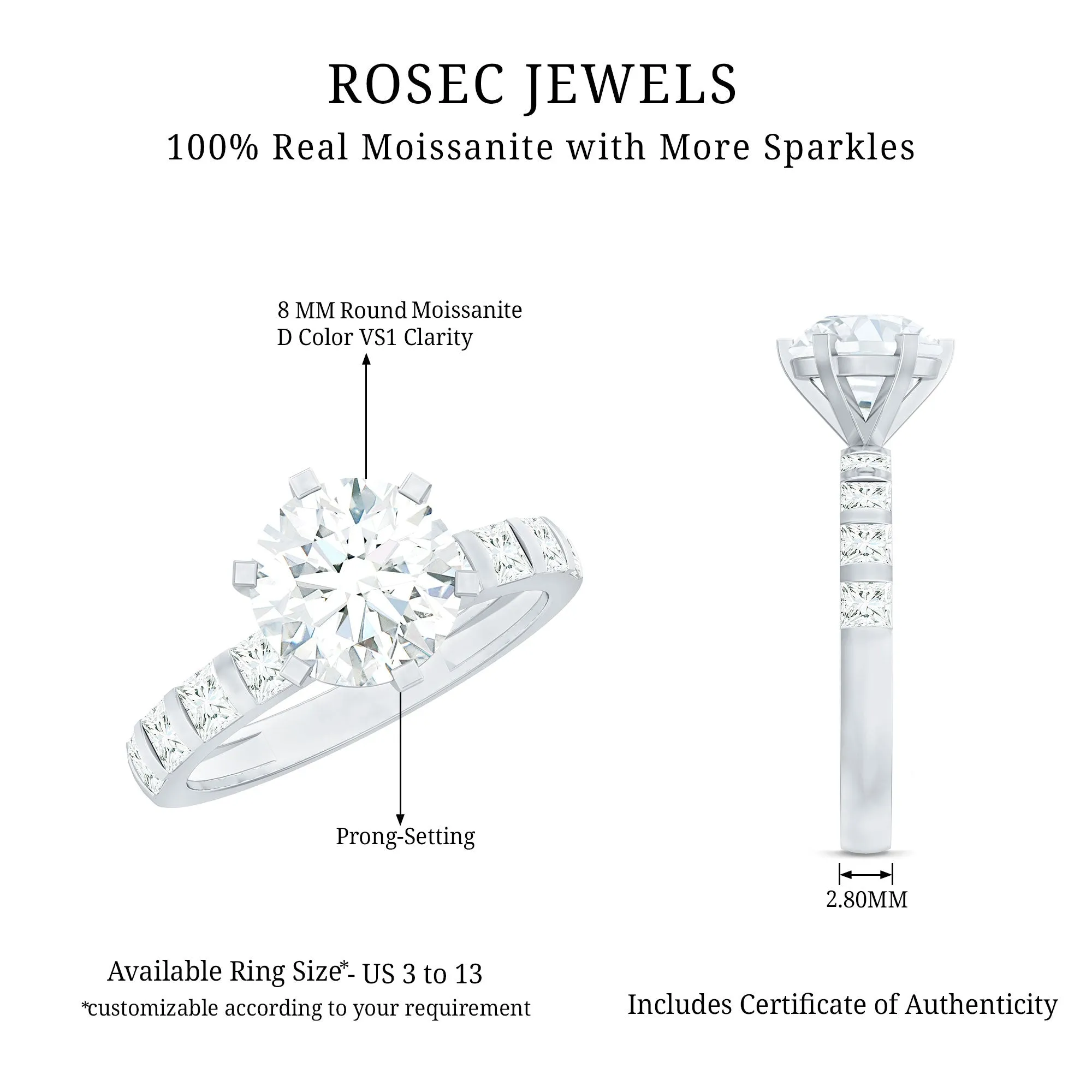 Round Moissanite Solitaire Engagement Ring with Princess Cut Side Stones