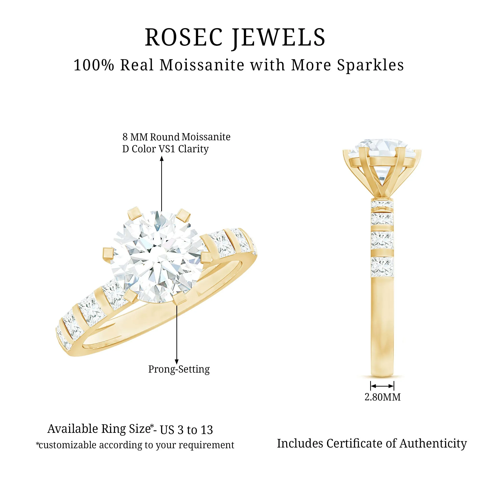 Round Moissanite Solitaire Engagement Ring with Princess Cut Side Stones