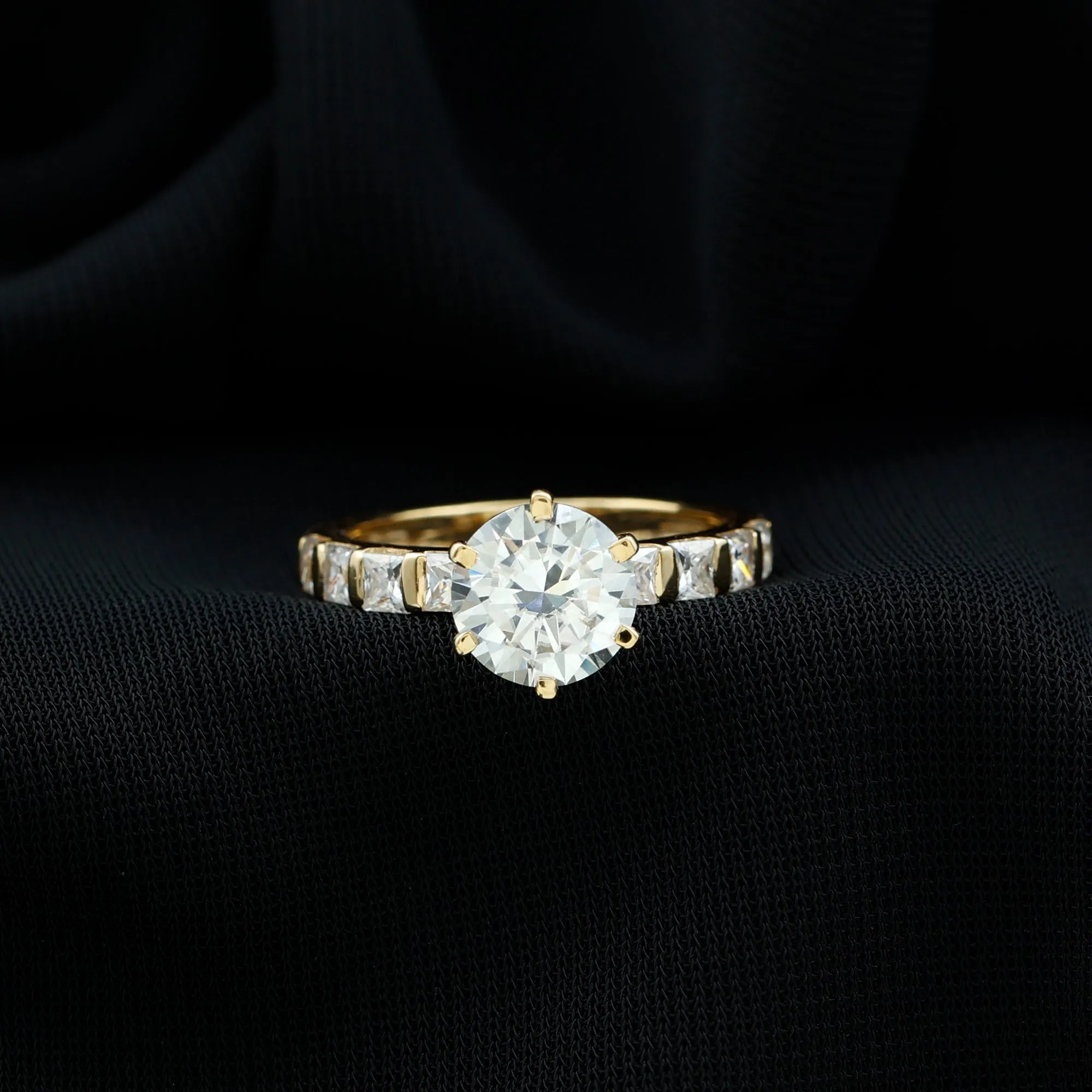 Round Moissanite Solitaire Engagement Ring with Princess Cut Side Stones