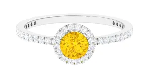 Round Shape Yellow Sapphire Halo Engagement Ring with Diamond