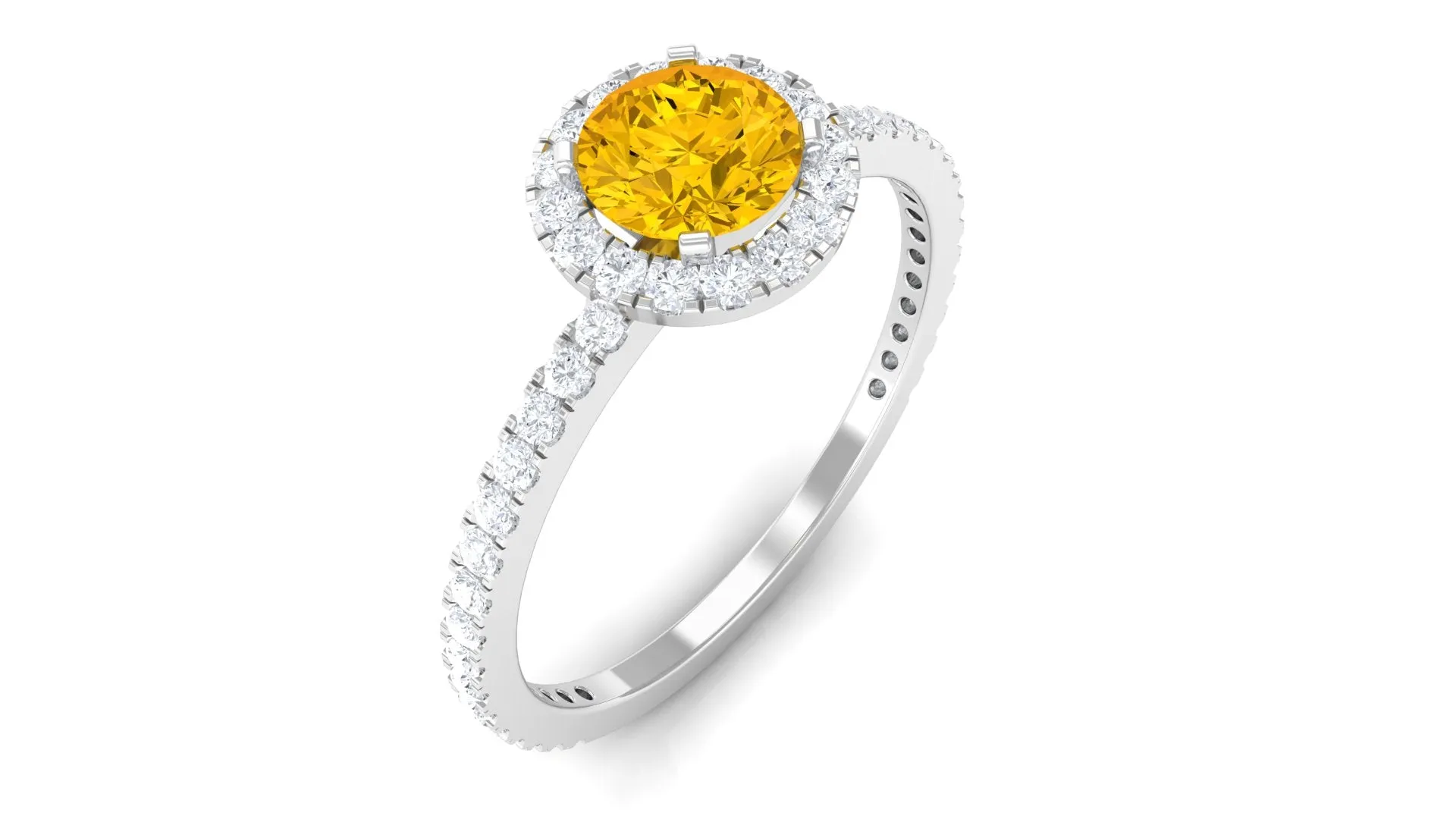 Round Shape Yellow Sapphire Halo Engagement Ring with Diamond