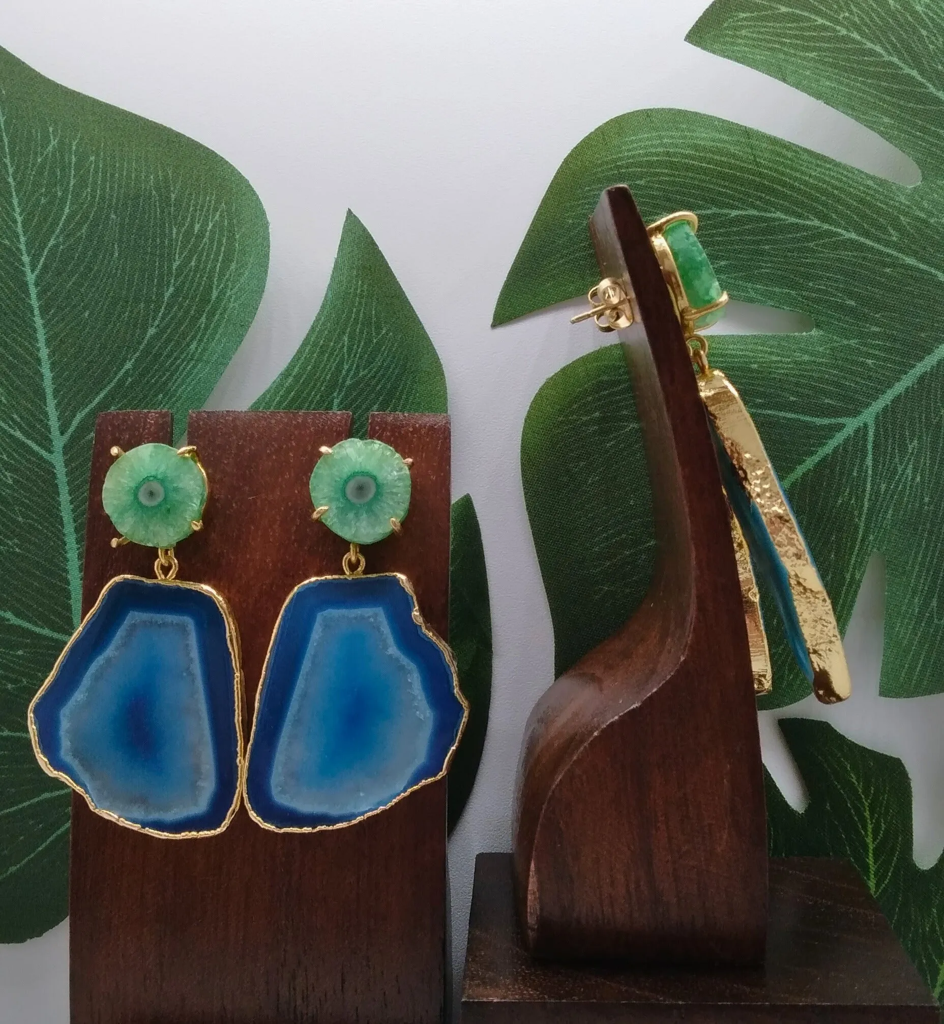 Sea Blue Agate Slice and Ocean Green Solar Quartz Drop Earrings
