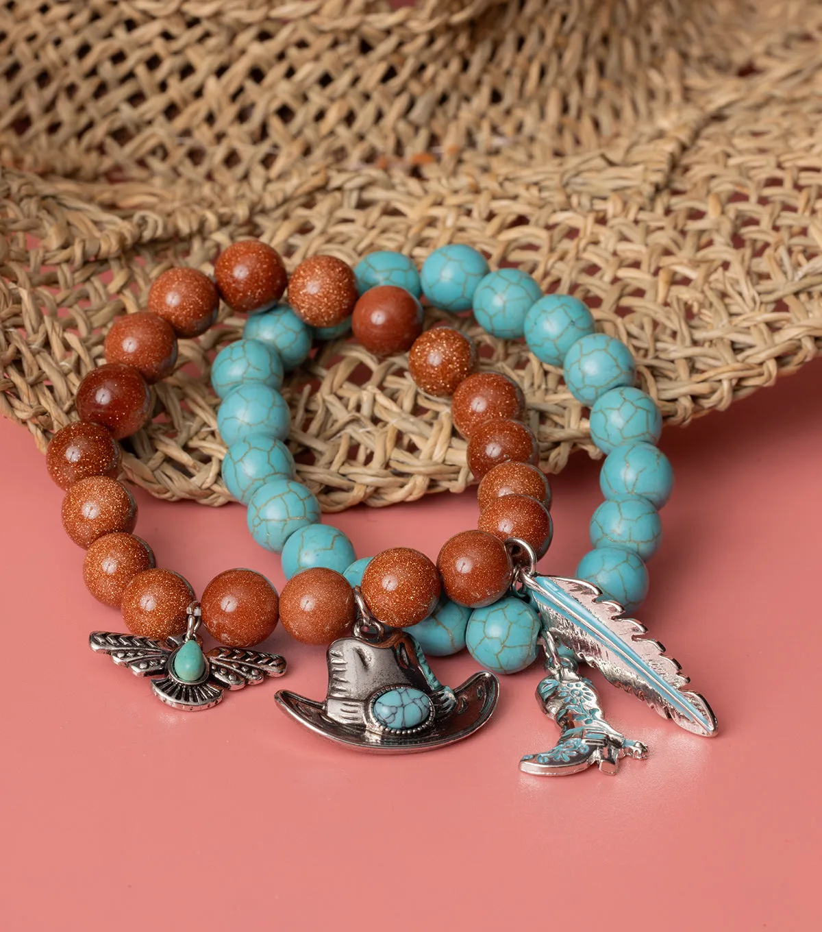 Set of Six Western Turquoise Bezel Studs Hearts and Cowboy Hat Charms Coastal Cowgirl