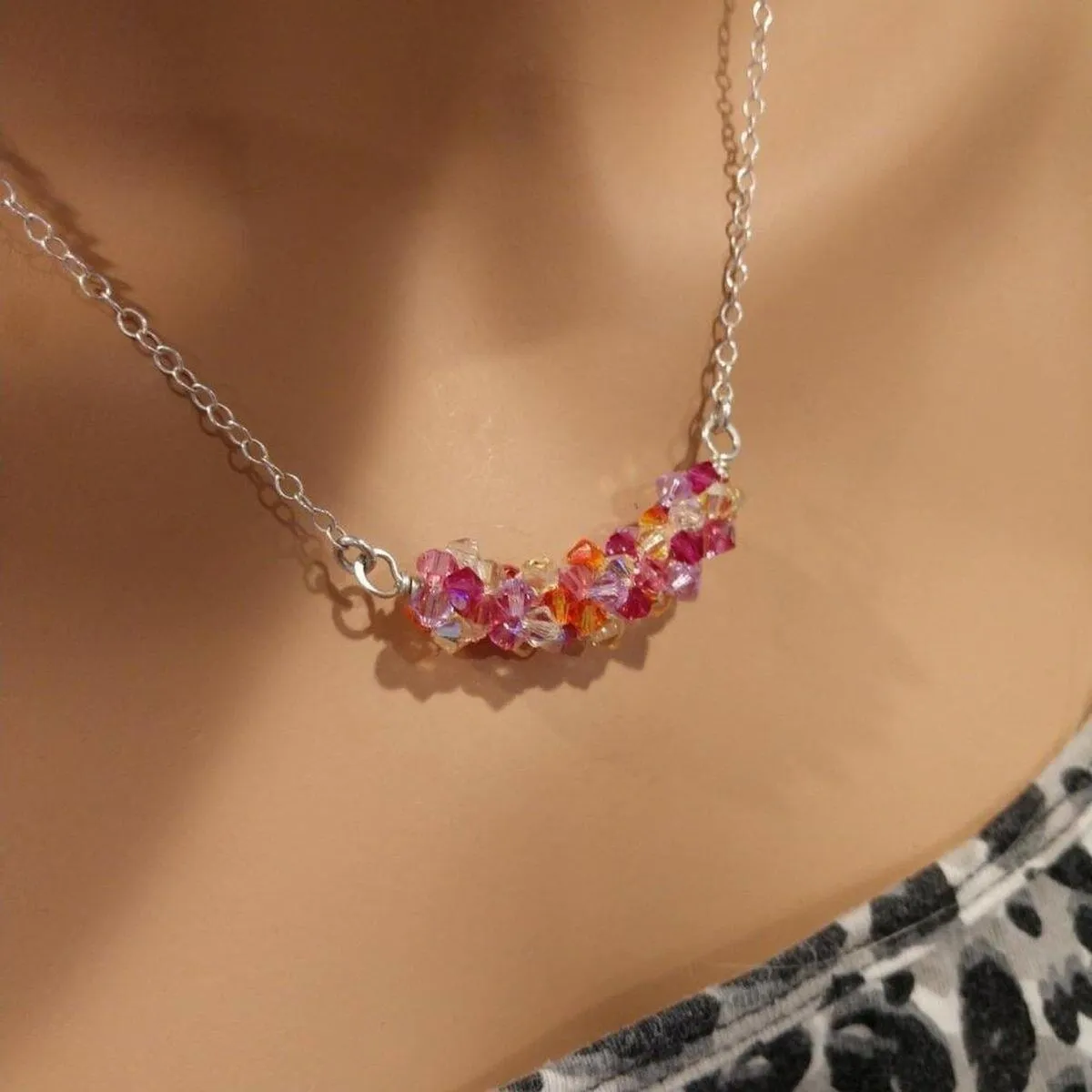 Silver Multi Color Spring Blossom Crystal Necklace