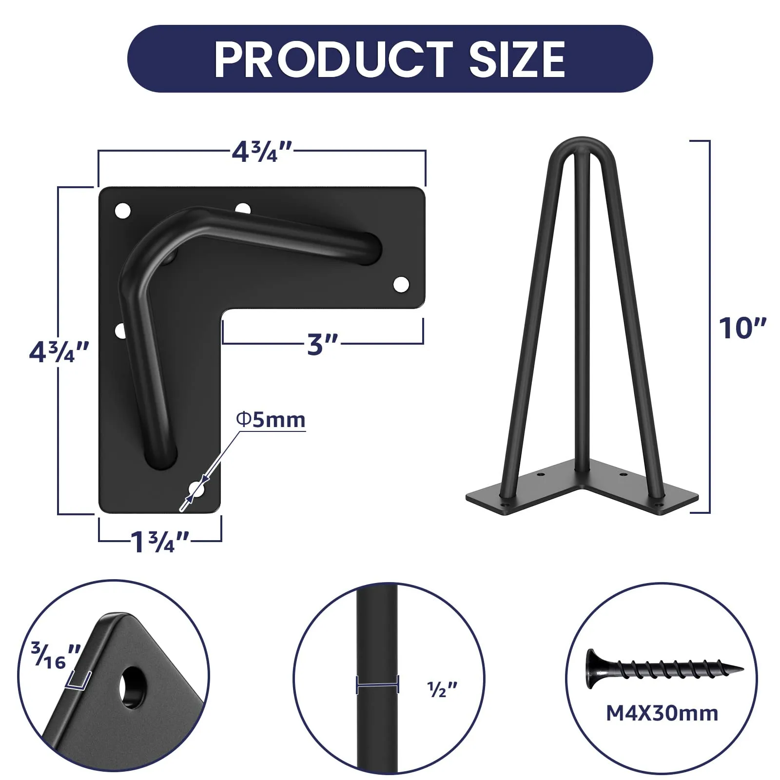 SMARTSTANDARD 10" Metal Hairpin Coffee Table Legs, 1/2" 3 Solid Rods, Industrial Home DIY Projects for Furniture, Bench, Dining Board, Desk, High-Stand with Rubber Floor Protectors, Black, 4PCS