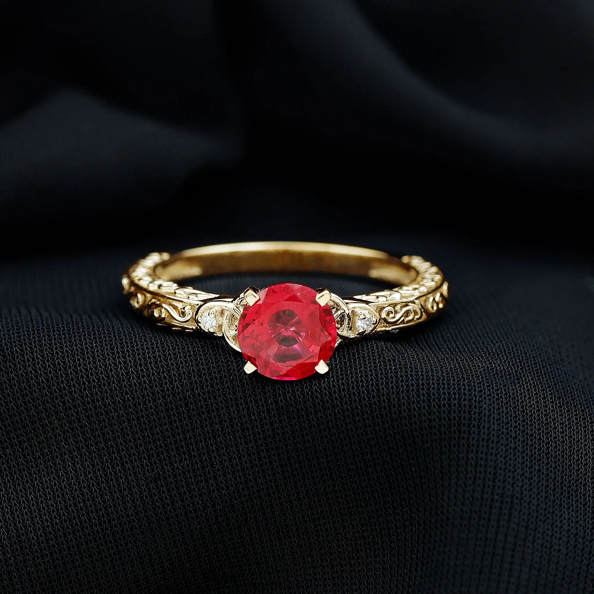 Solitaire Created Ruby Celtic Knot Ring with Diamond