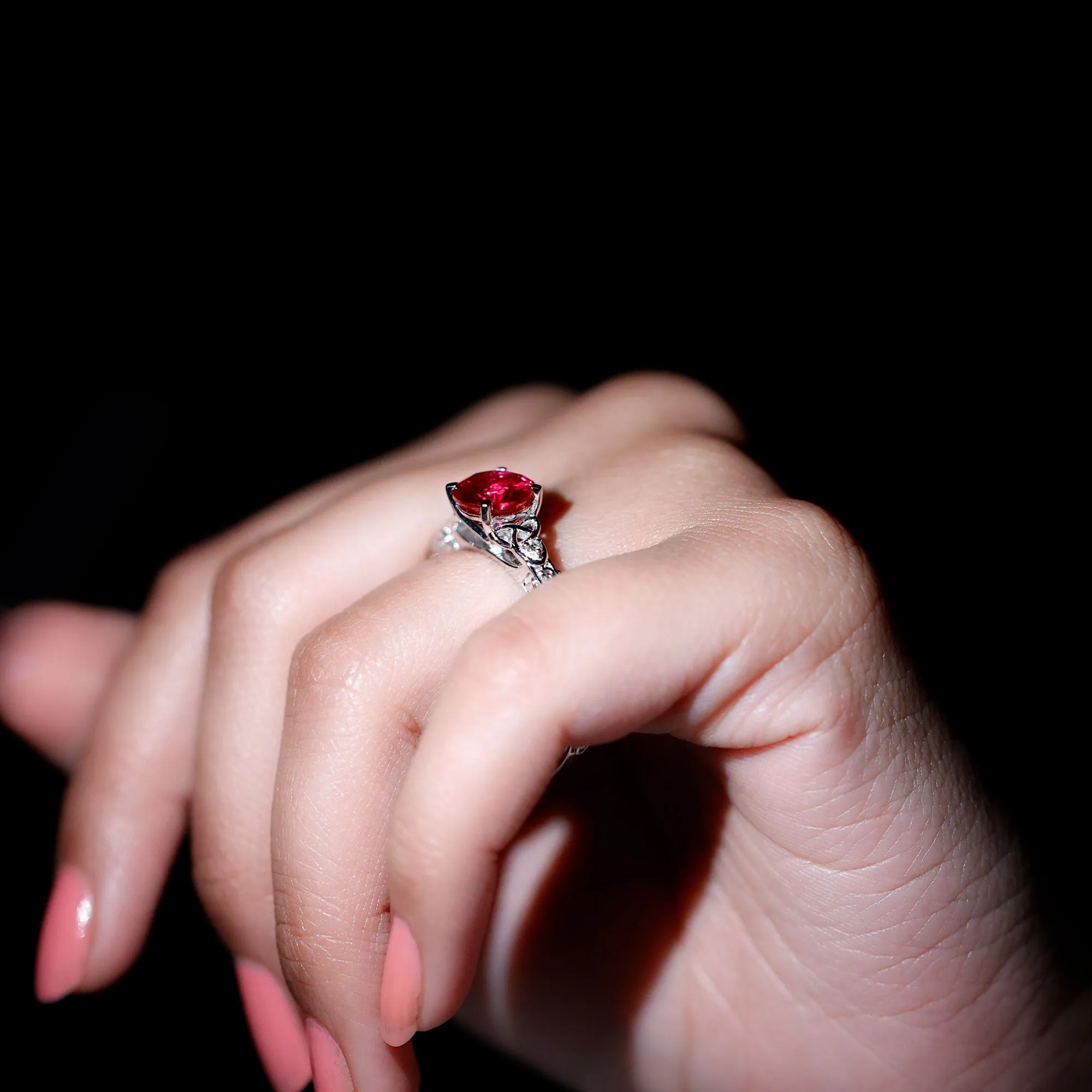 Solitaire Created Ruby Celtic Knot Ring with Diamond
