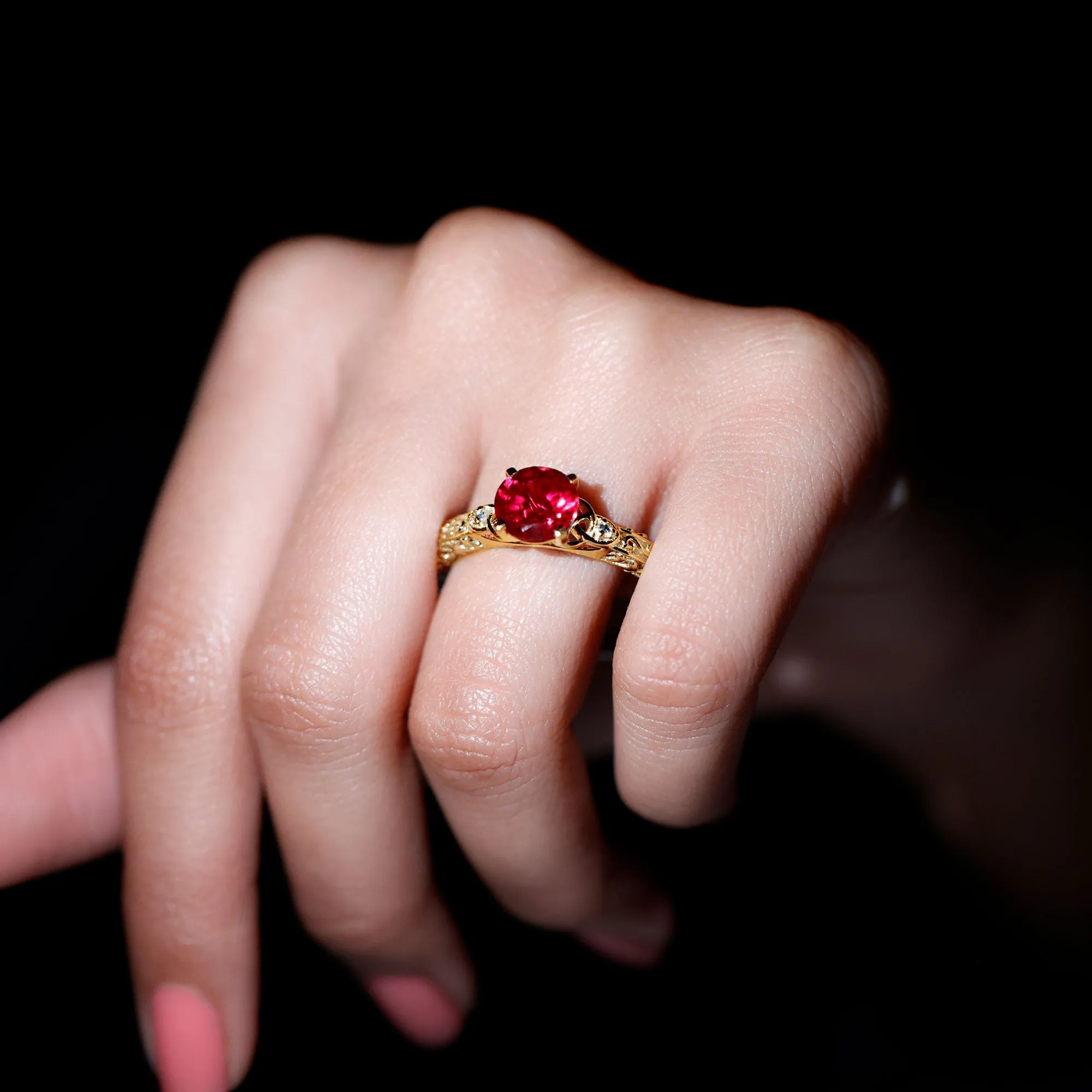 Solitaire Created Ruby Celtic Knot Ring with Diamond